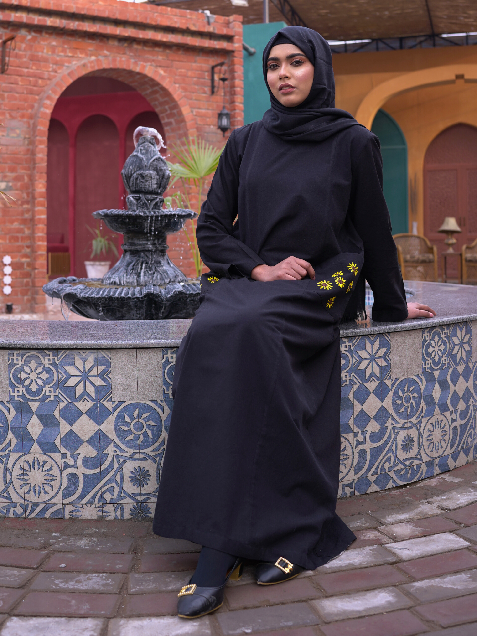 Embroidered Panelled Maxi Dress - Black