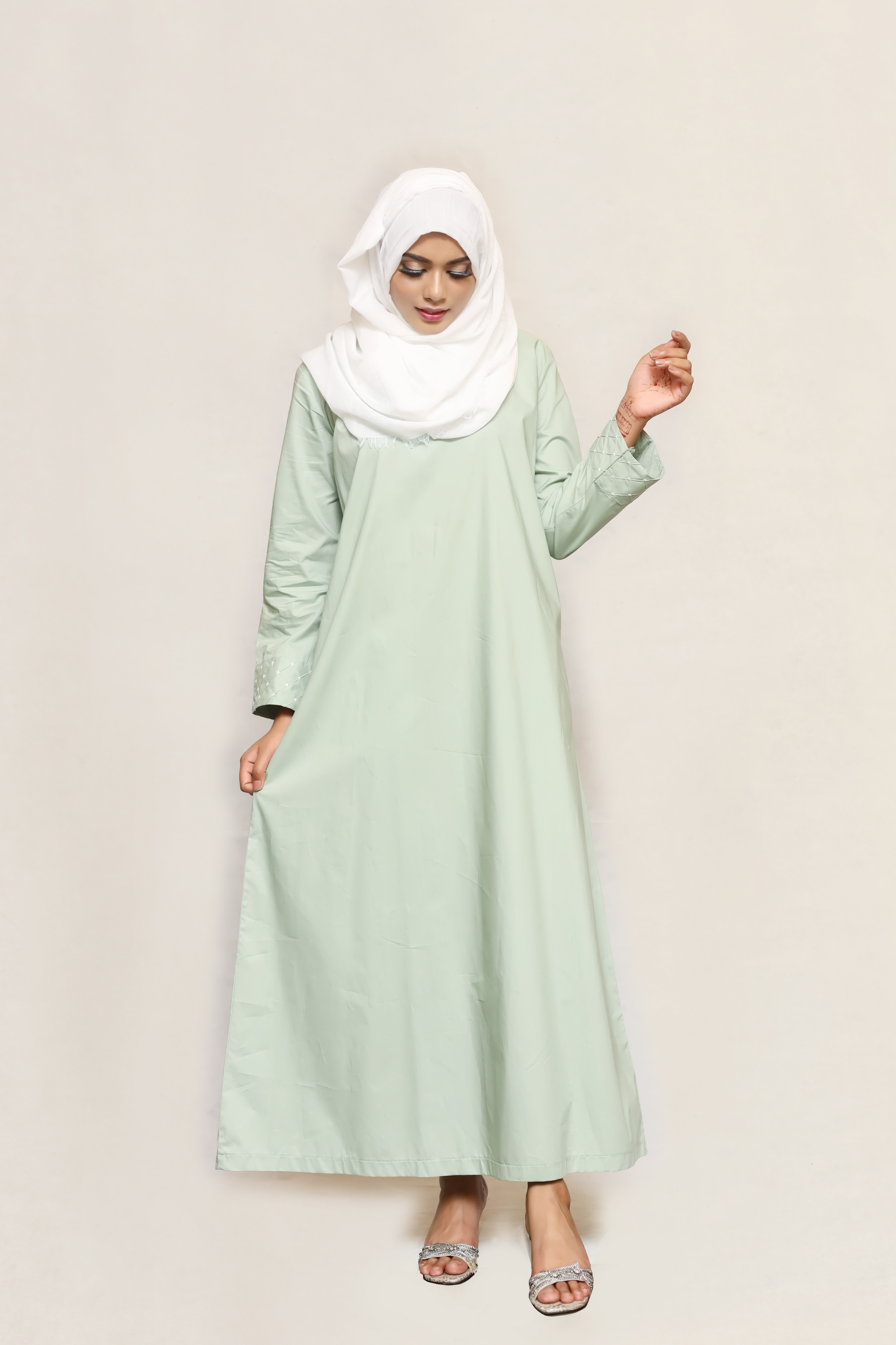 Signature Cotton Abaya – Almond Green (Hand-Embroidered)