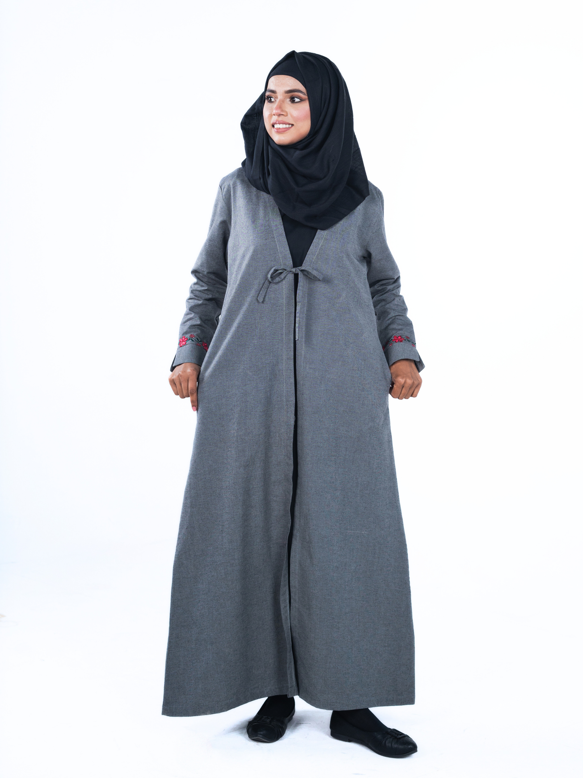 Heritage Bow Open Abaya  – Grey