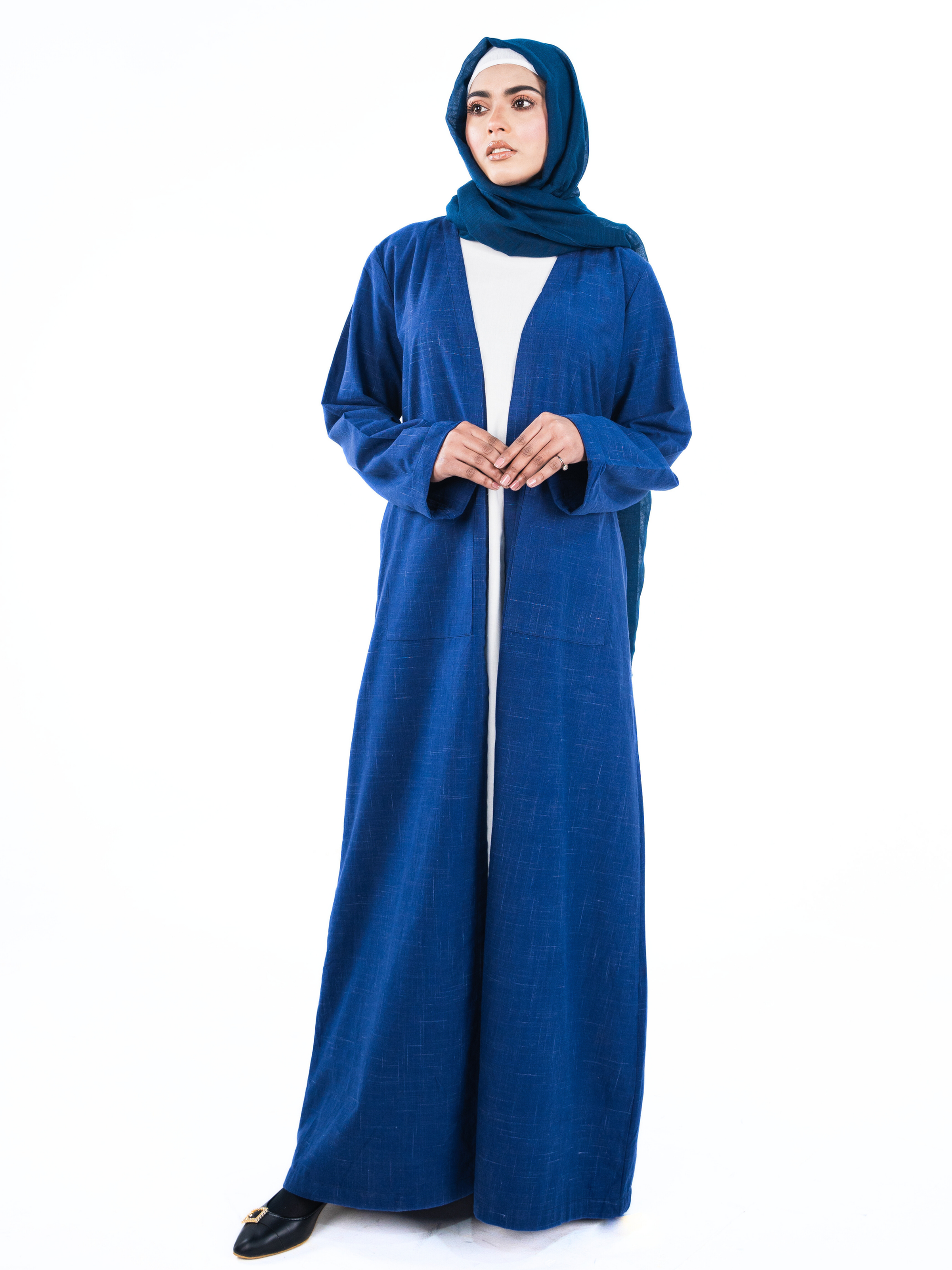 Minimalist Open Abaya – Checked Blue