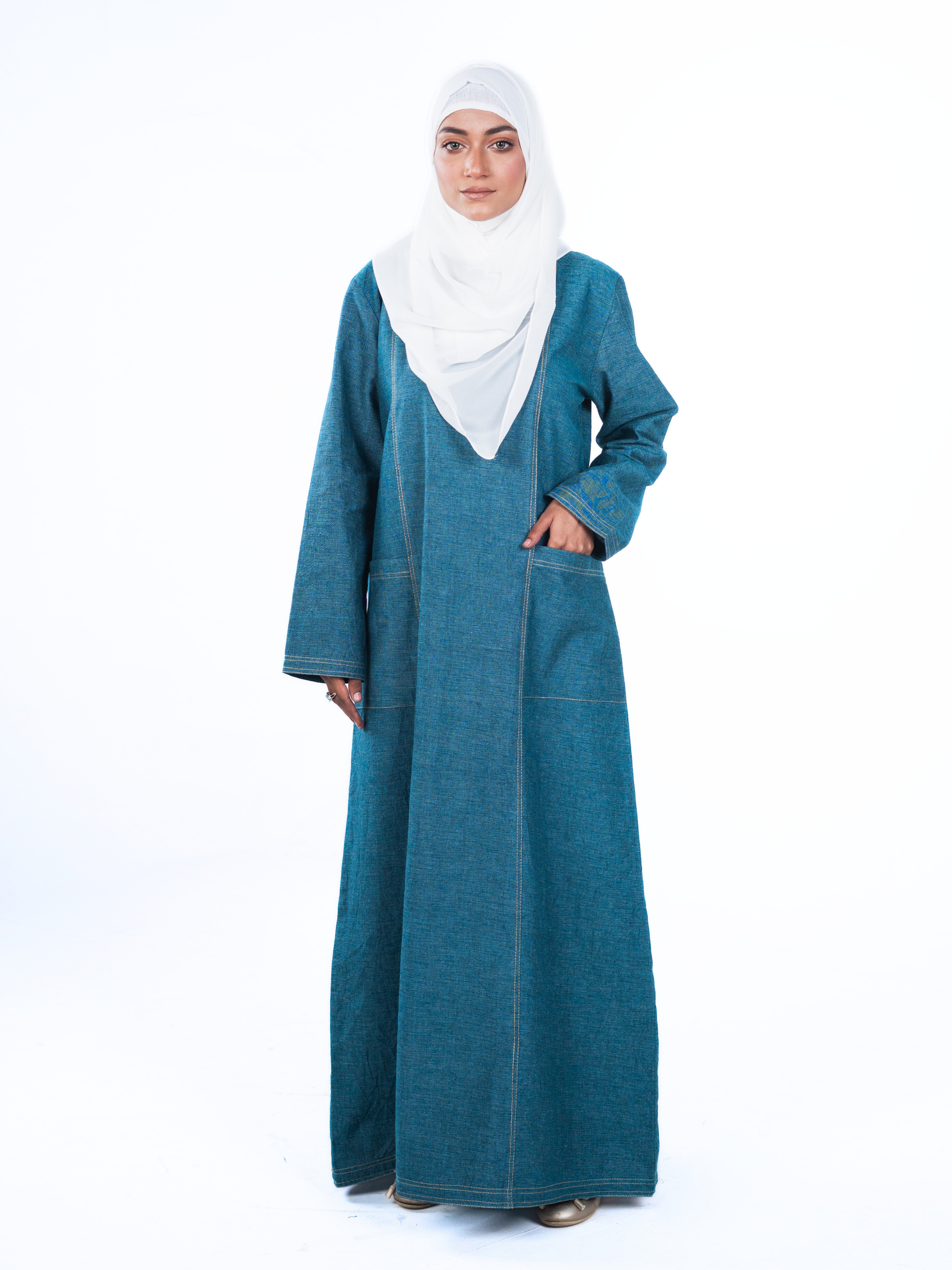 Denim Panelled Maxi Dress - Teal