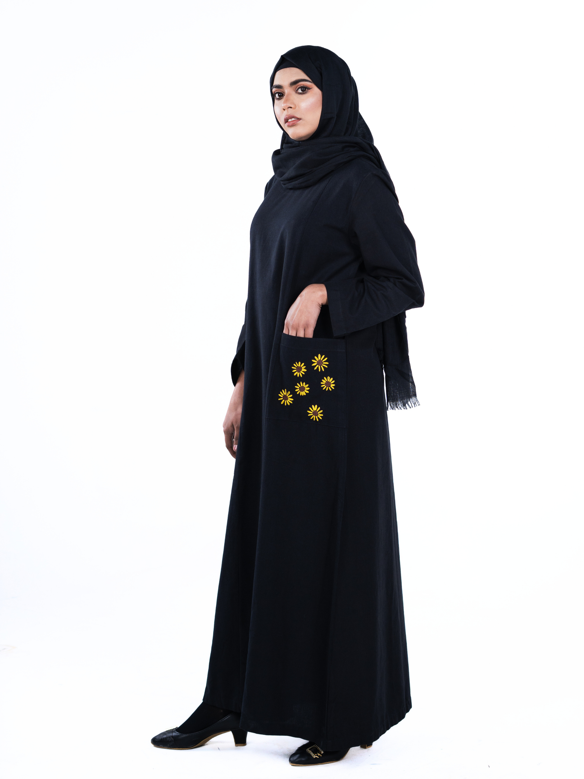 Embroidered Panelled Maxi Dress - Black