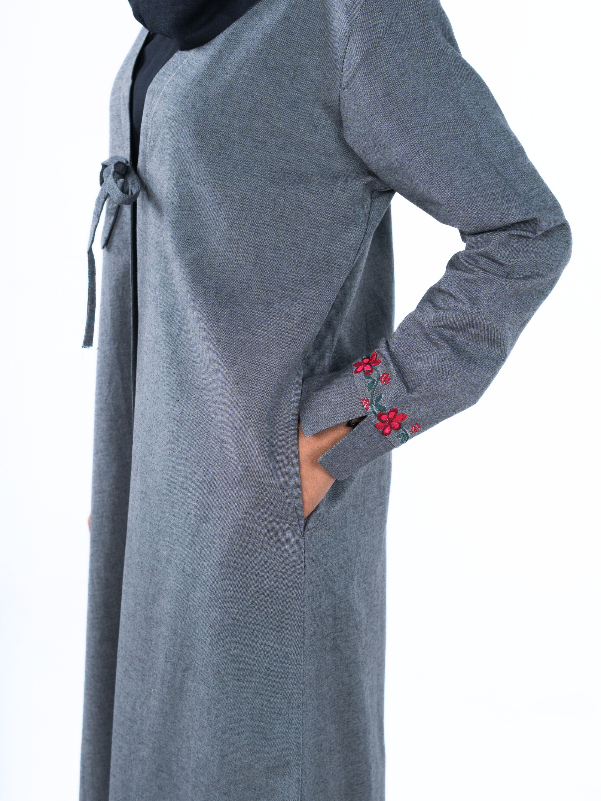 Heritage Bow Open Abaya  – Grey
