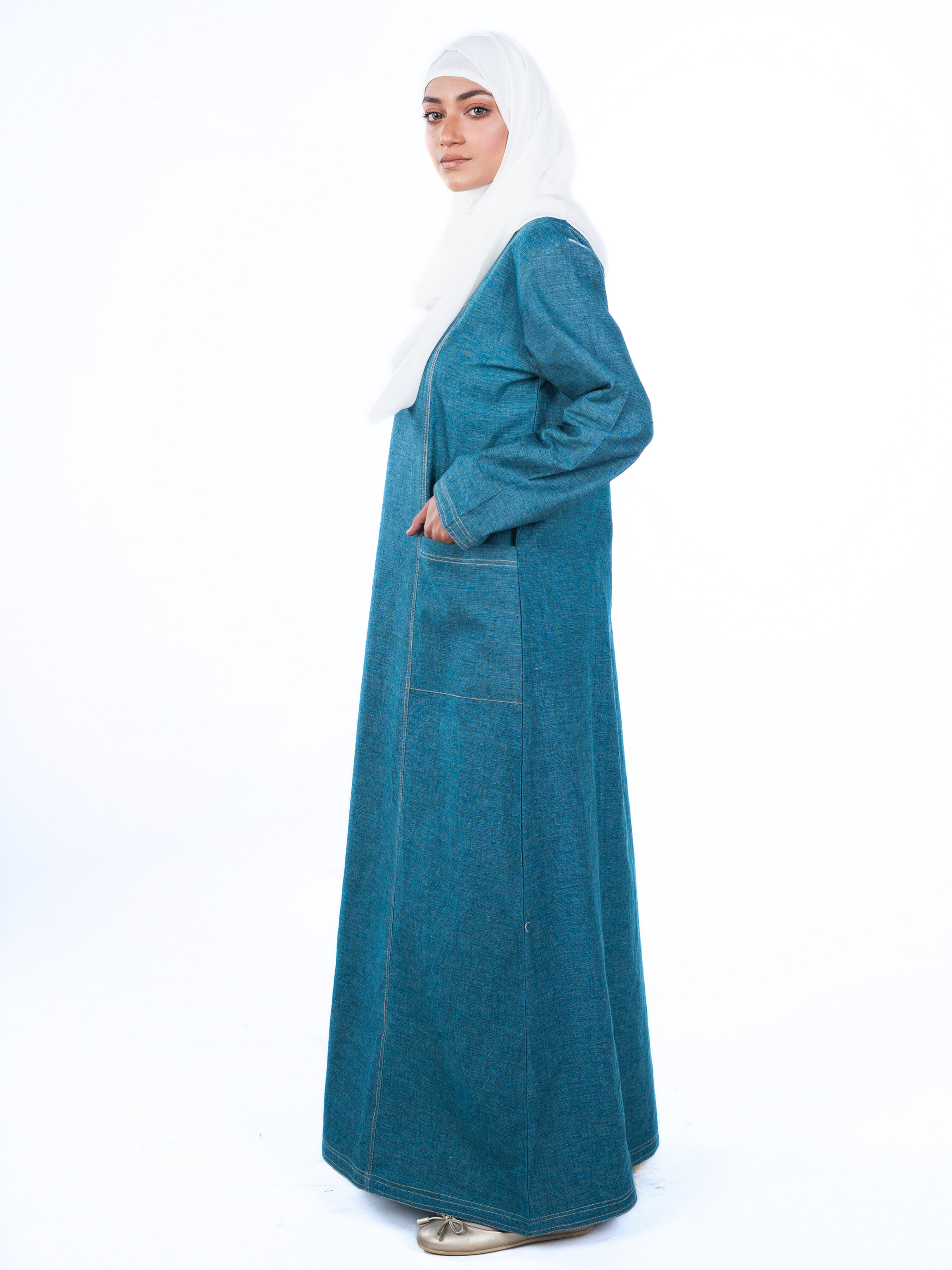 Denim Panelled Maxi Dress - Teal