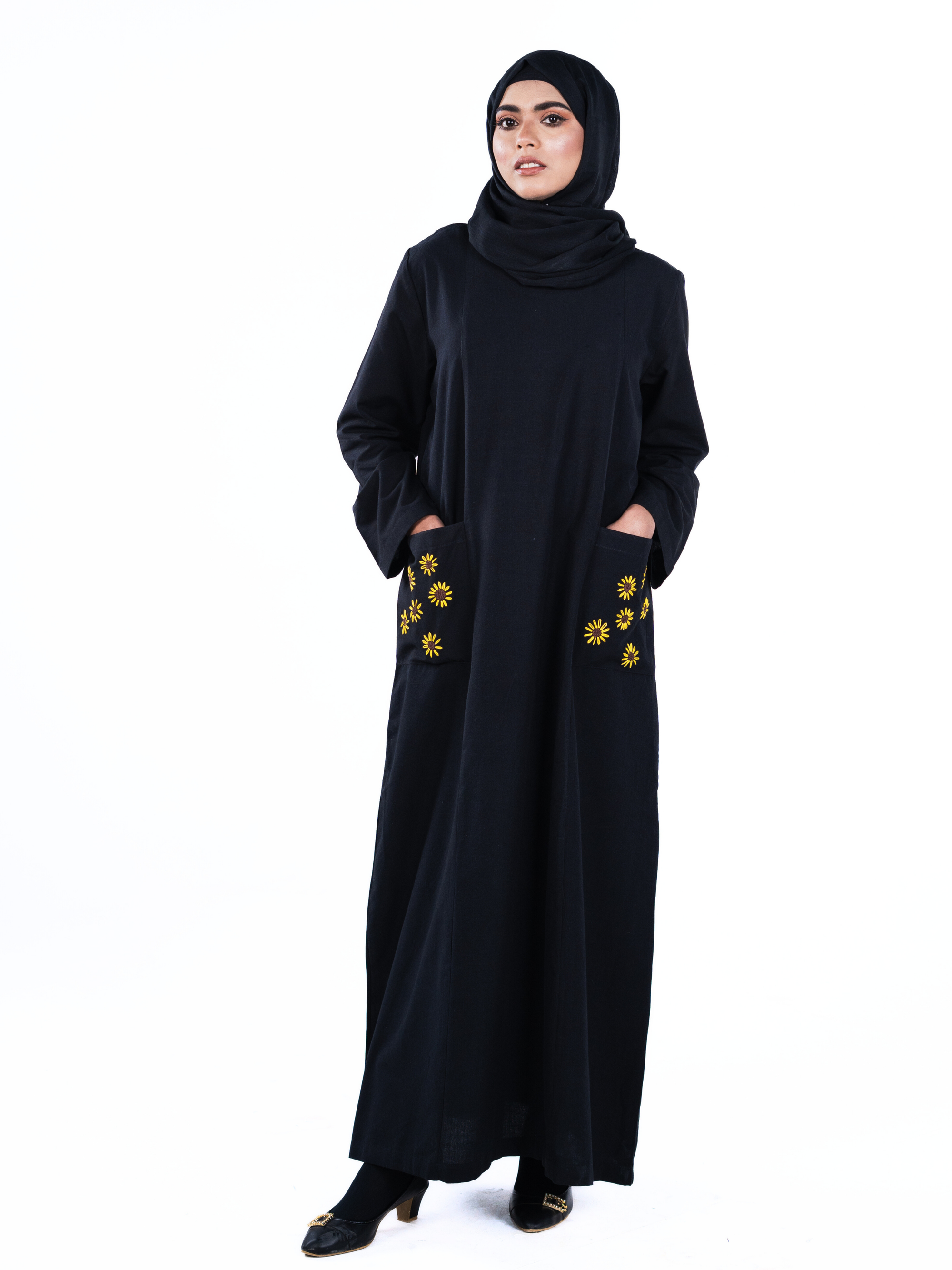 Embroidered Panelled Maxi Dress - Black