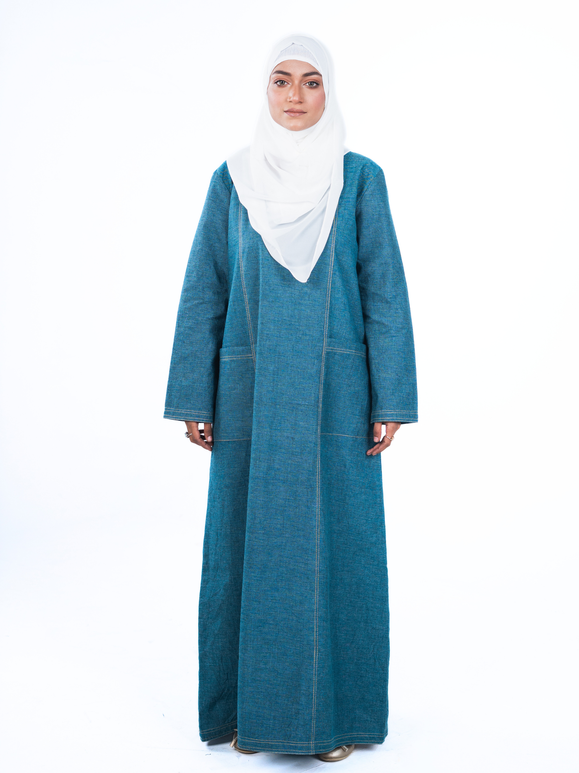 Denim Panelled Maxi Dress - Teal