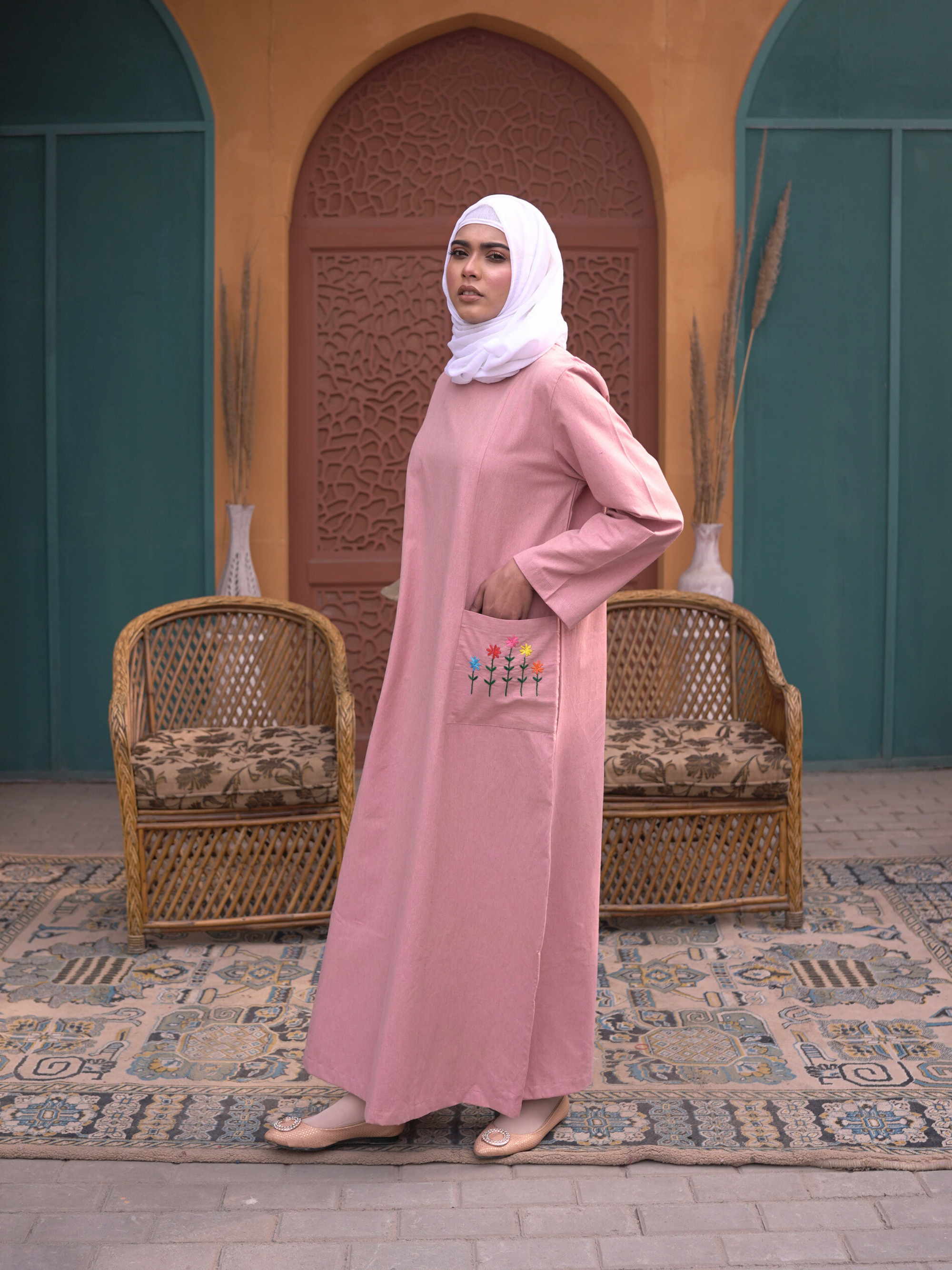 Embroidered Panelled Maxi Dress - Blush