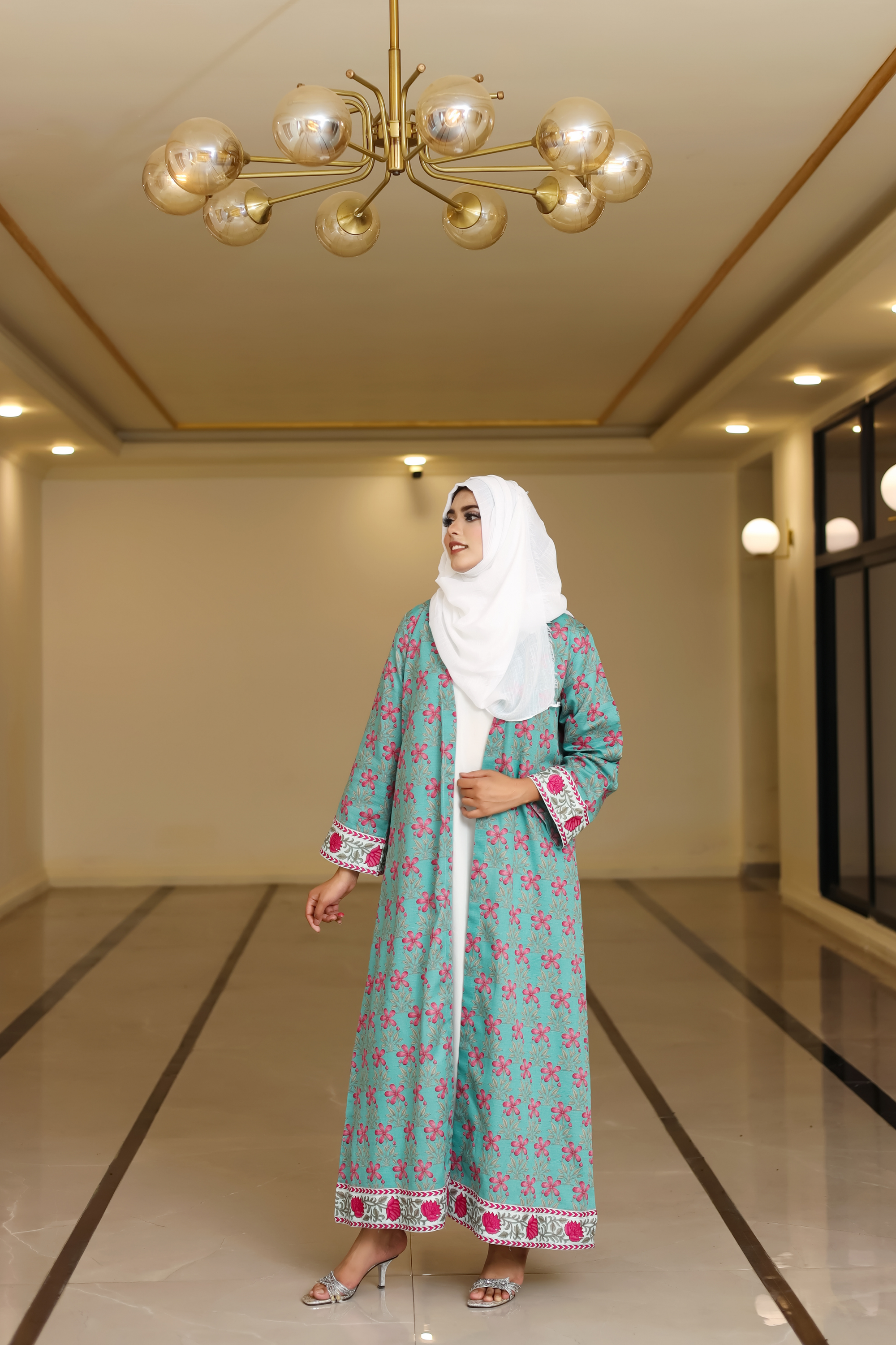 Printed Open Abaya -Teal
