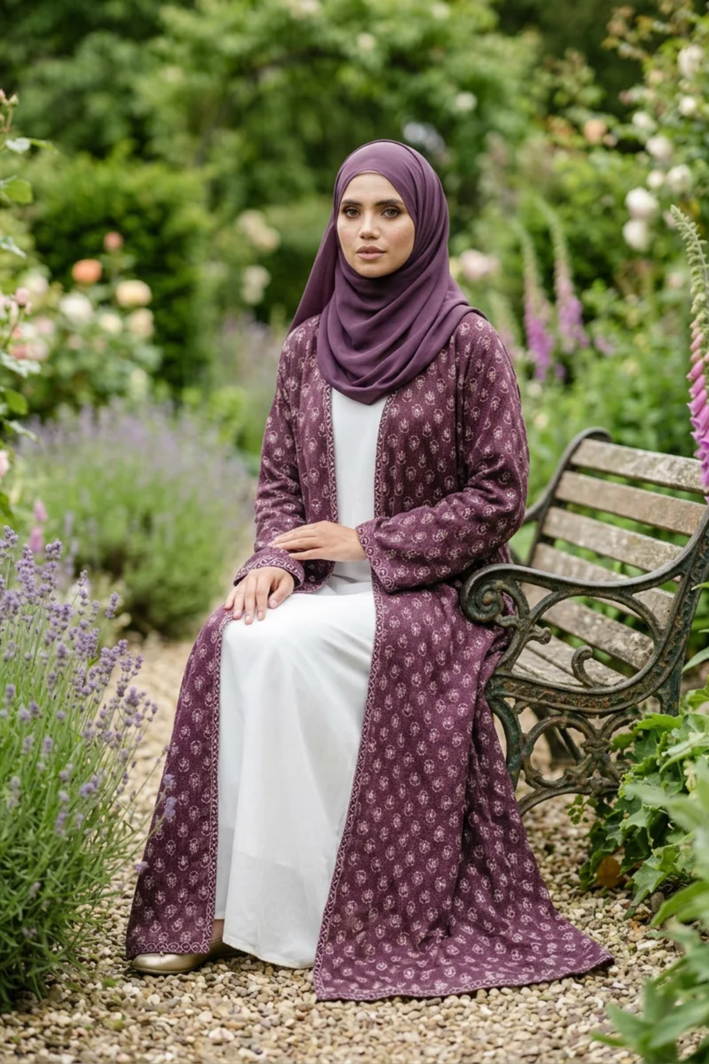 Printed Open Abaya - Mulberry