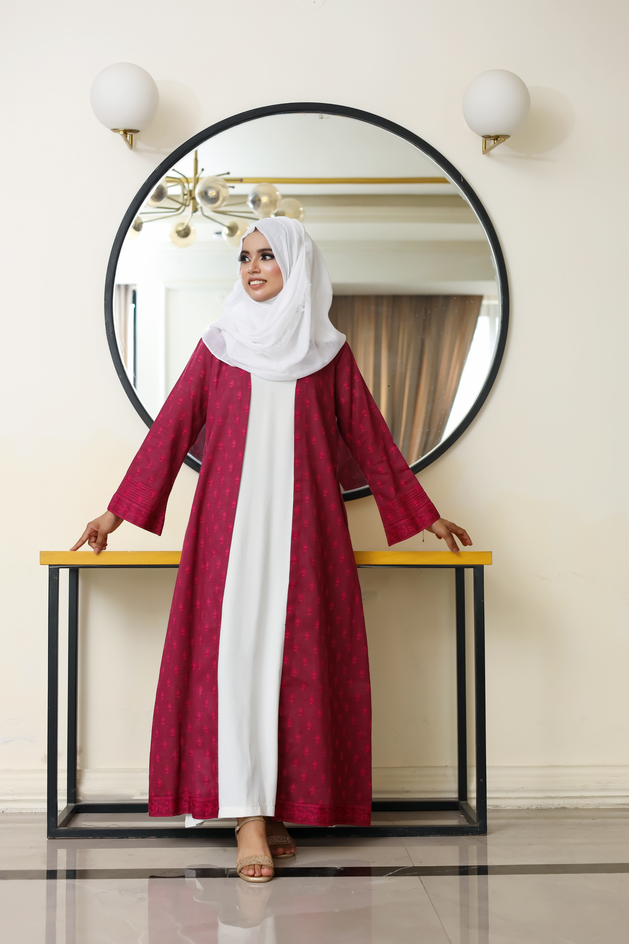 Printed Open Abaya - Maroon