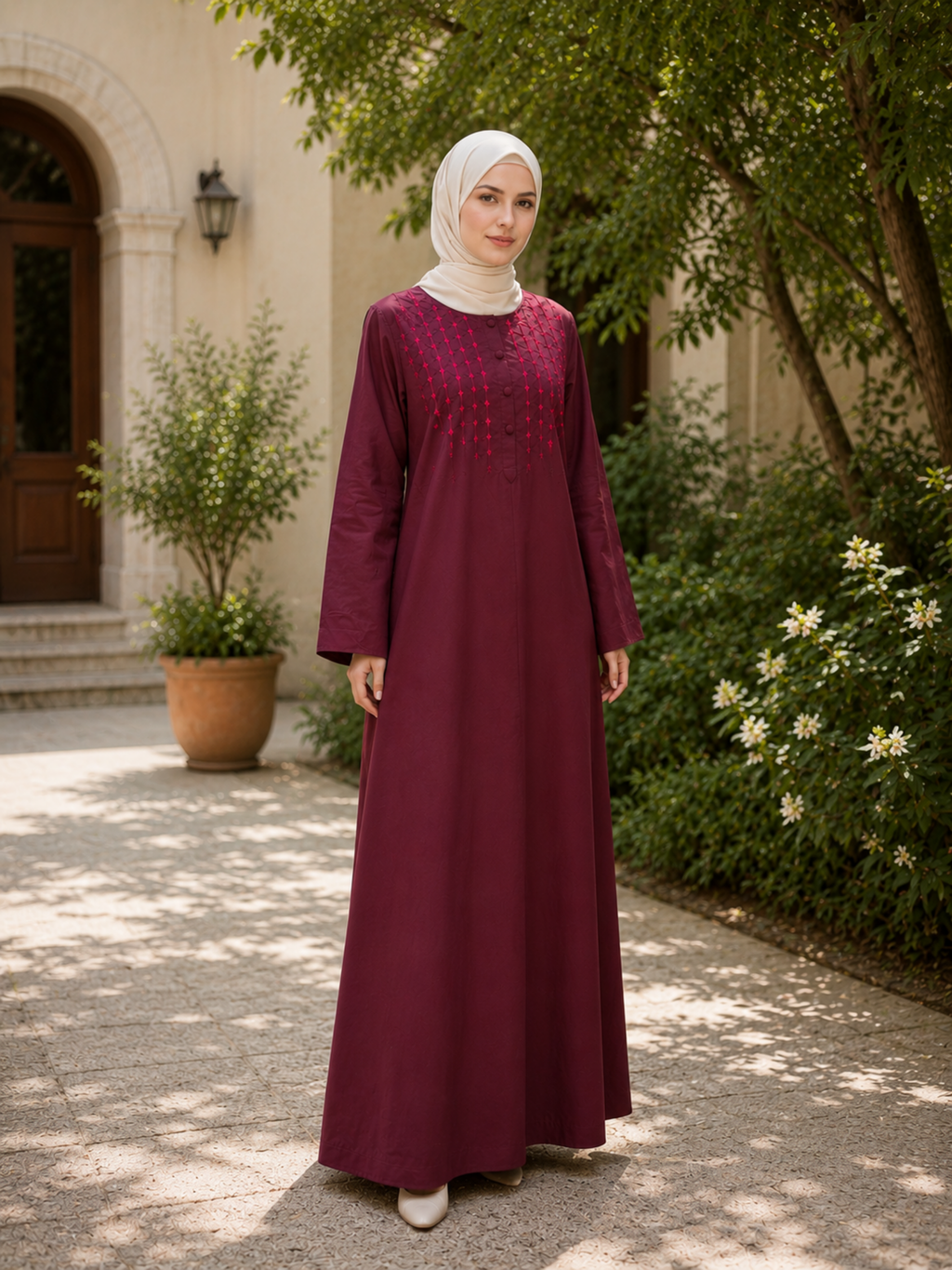 Hajj&Umrah | Premium Cotton Abaya in Burgundy (Hand-embroidered)