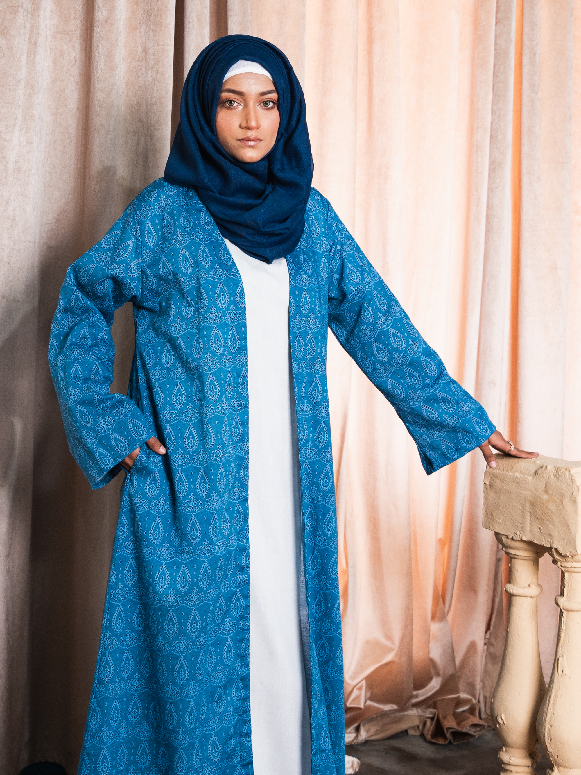 Printed Open Abaya - Sea Blue