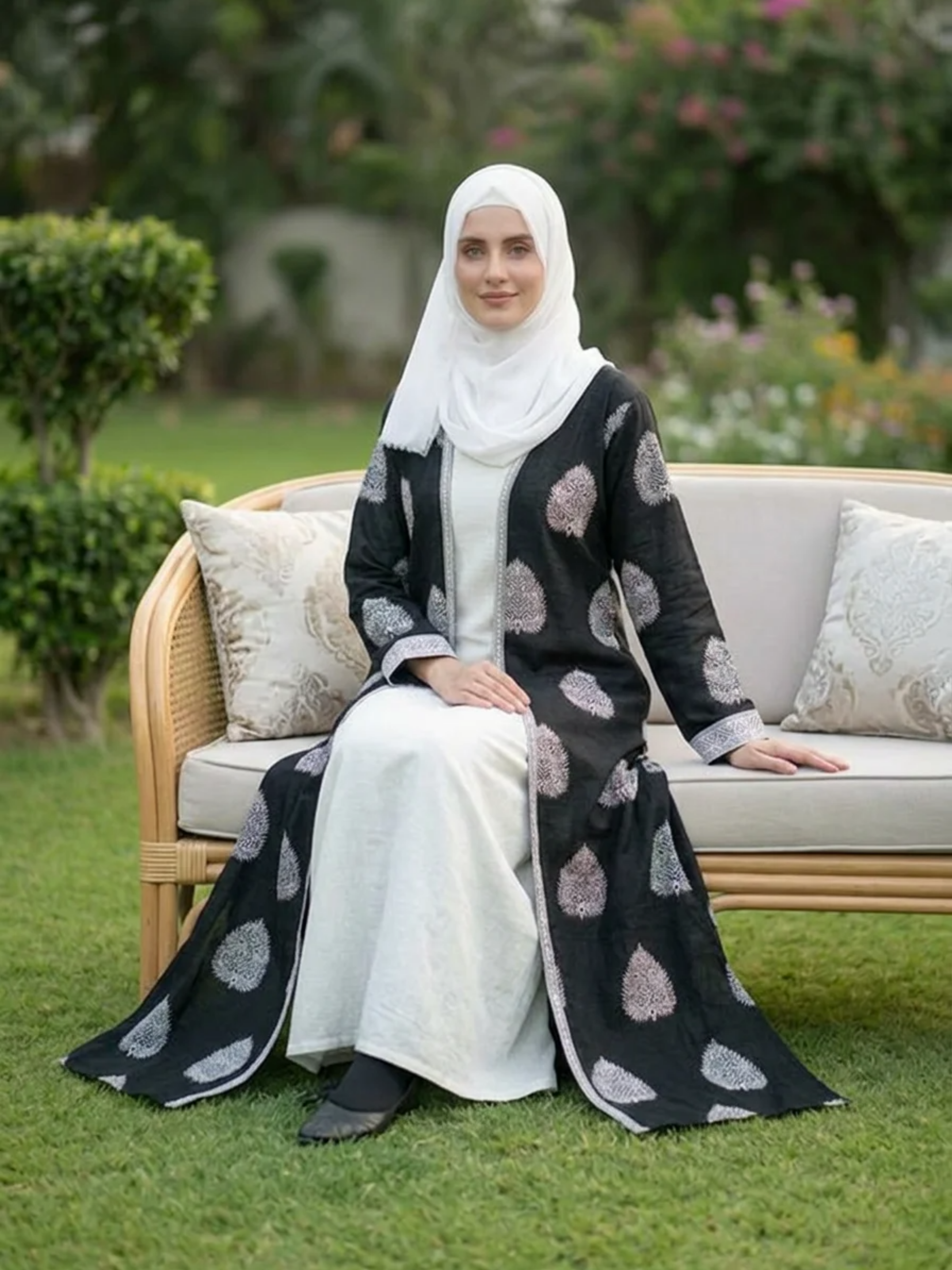 Printed Open Abaya - Black