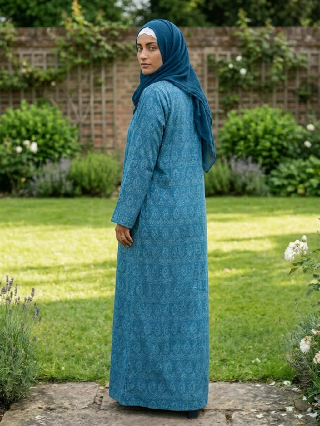 Printed Open Abaya - Sea Blue