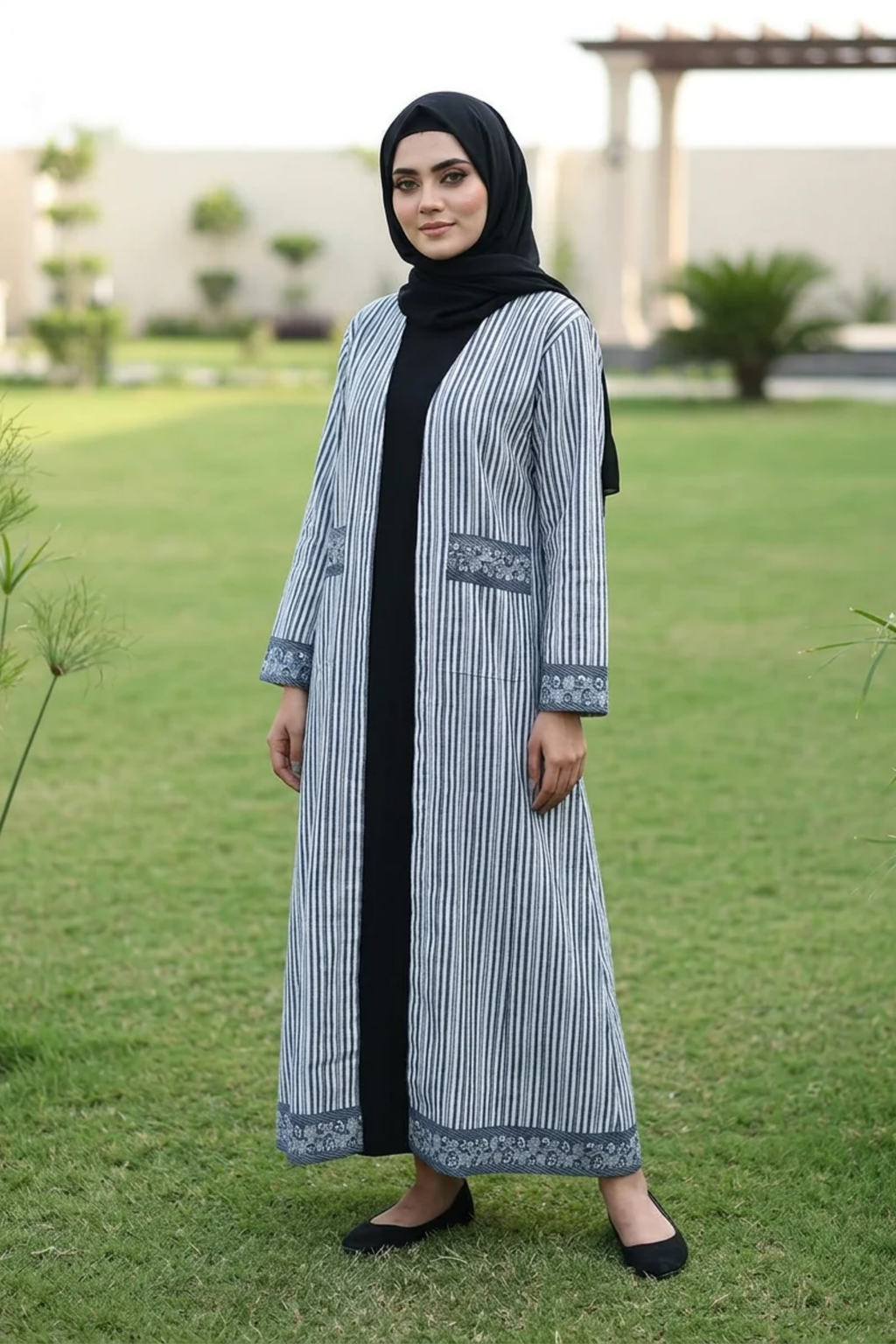 Printed Open Abaya - Grey & Blue