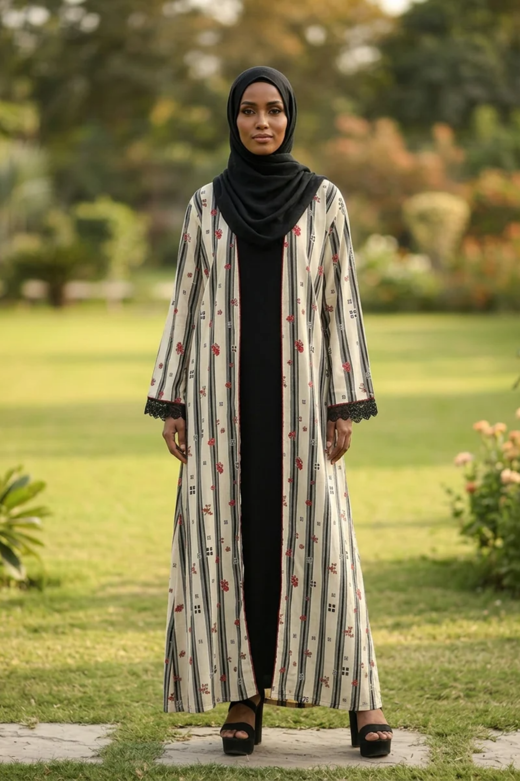 Printed Open Abaya - Crimson Bloom