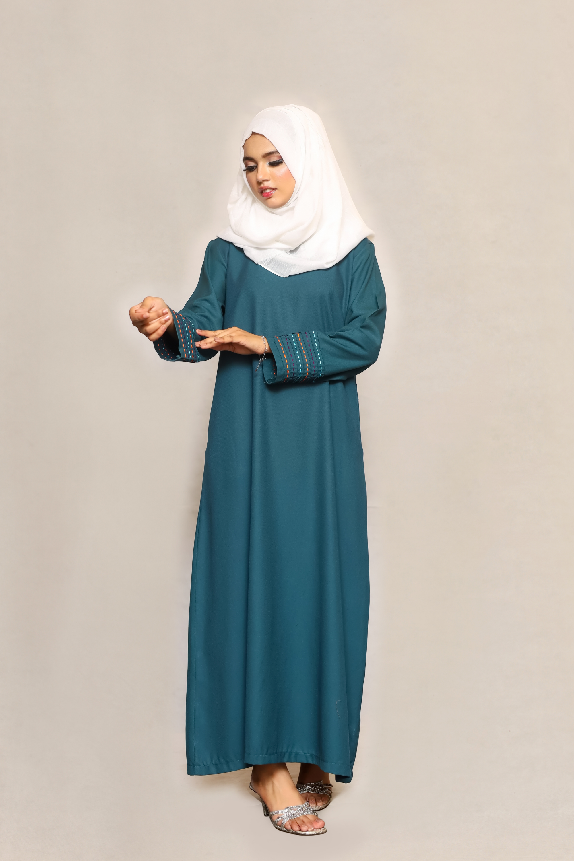 Signature Cotton Abaya – Petrol (Hand-Embroidered)