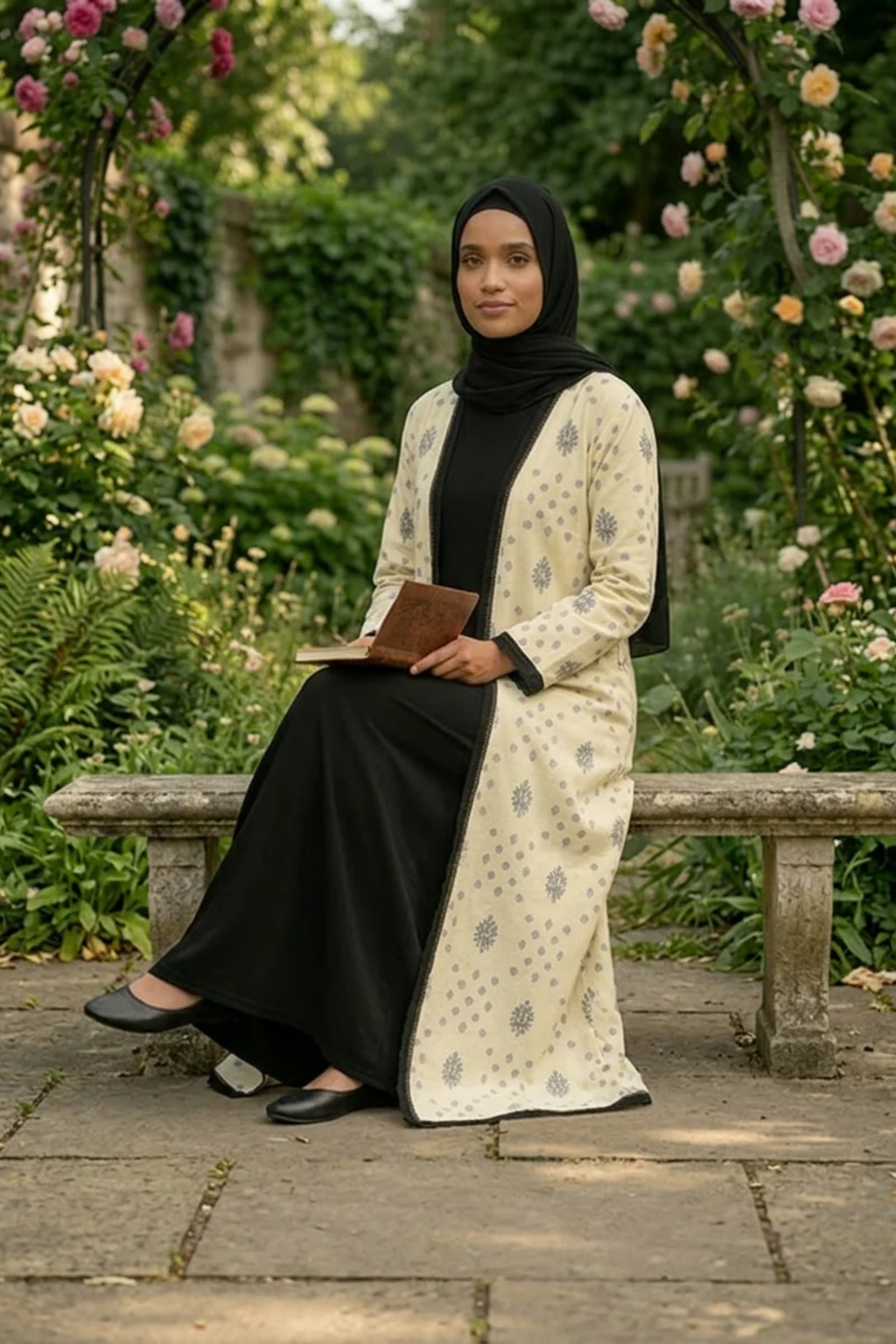 Printed Open Abaya - Black and White