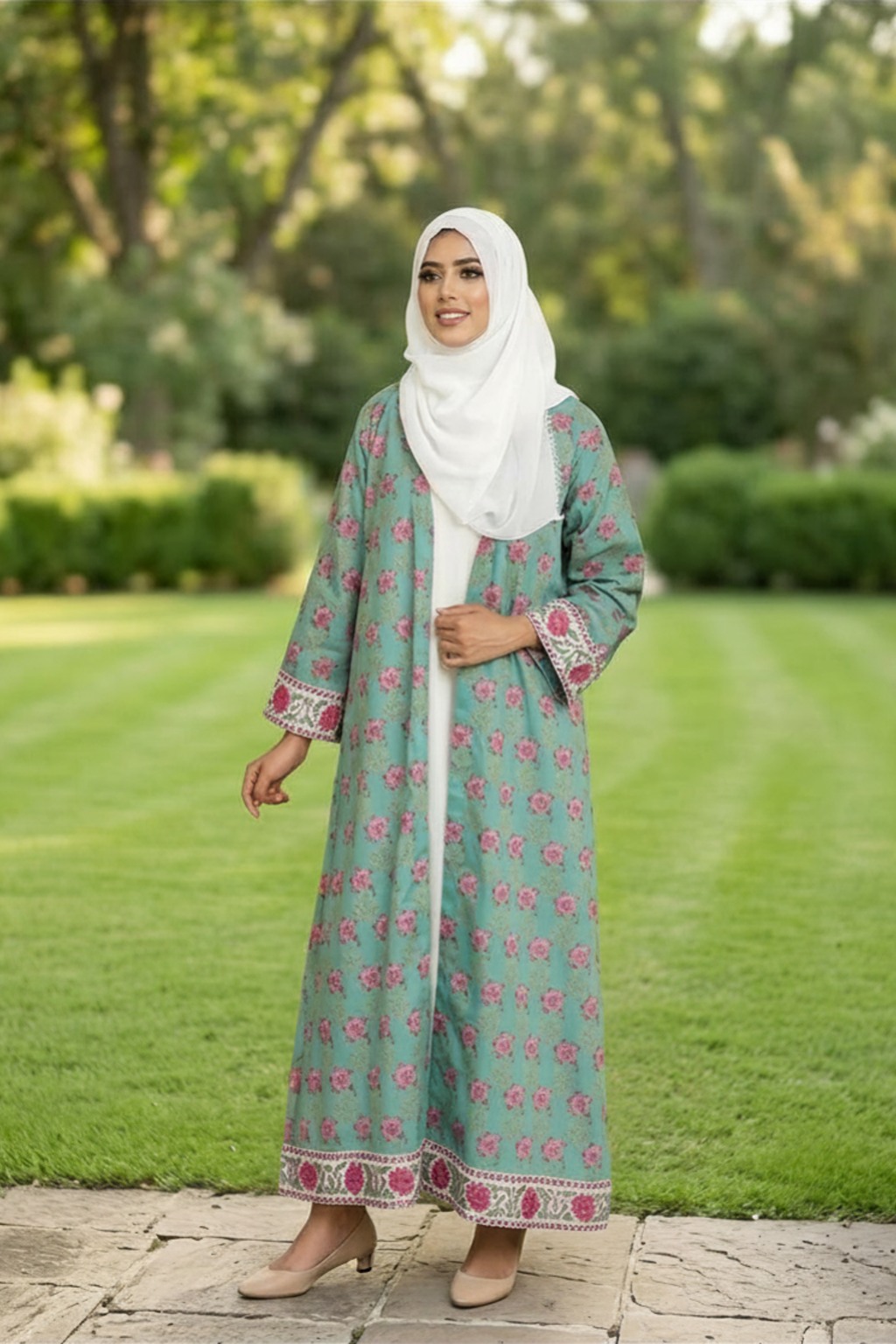 Printed Open Abaya -Teal