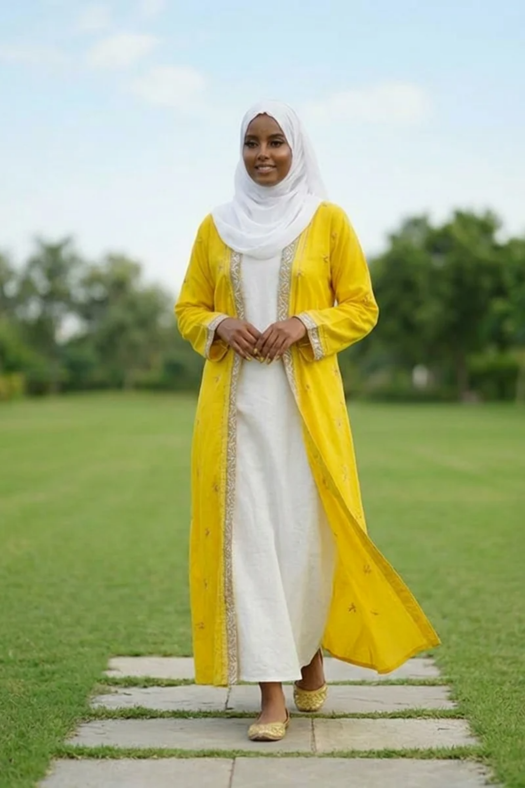 Printed Open Abaya - Yellow