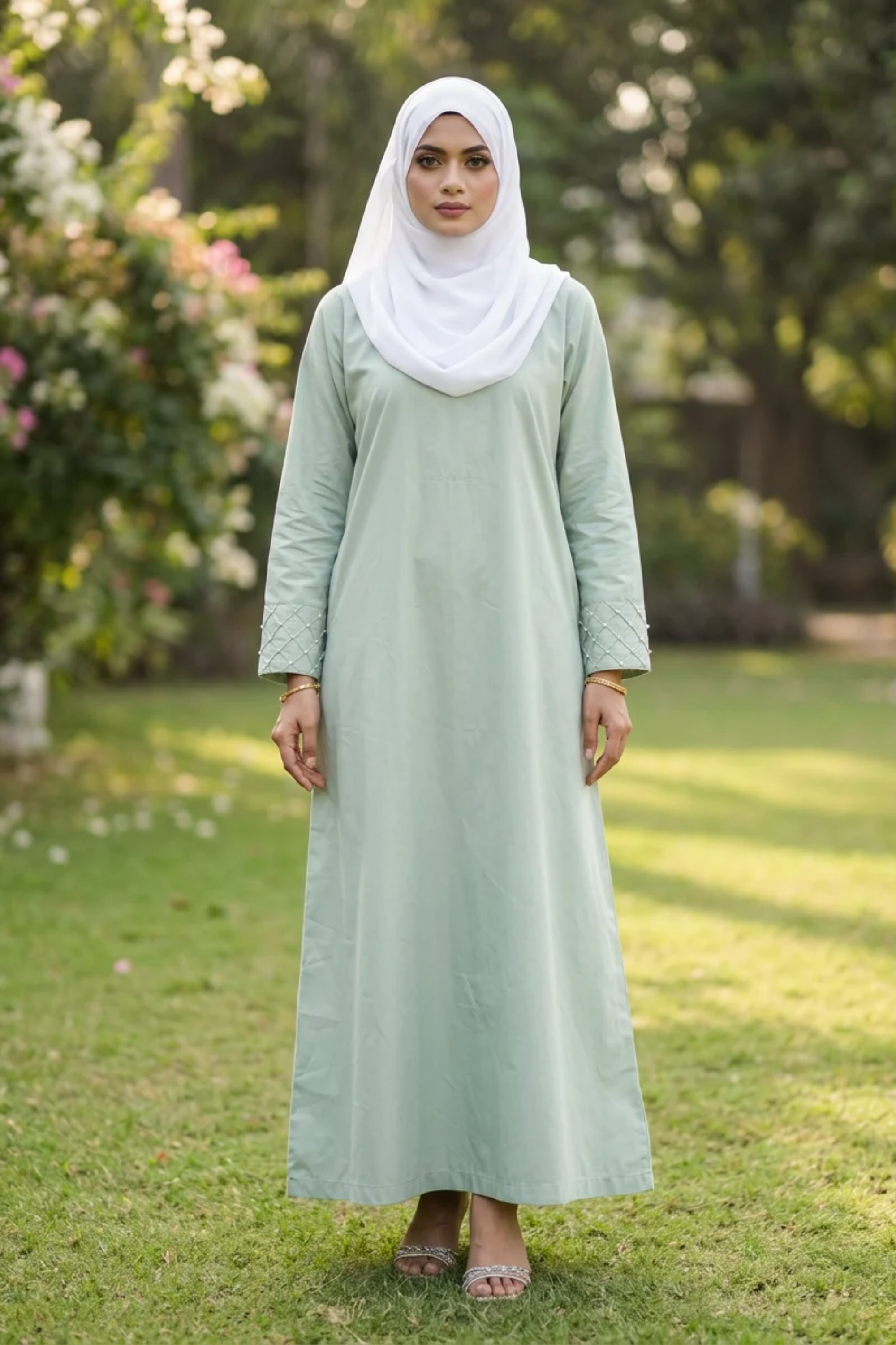 Signature Cotton Abaya – Almond Green (Hand-Embroidered)