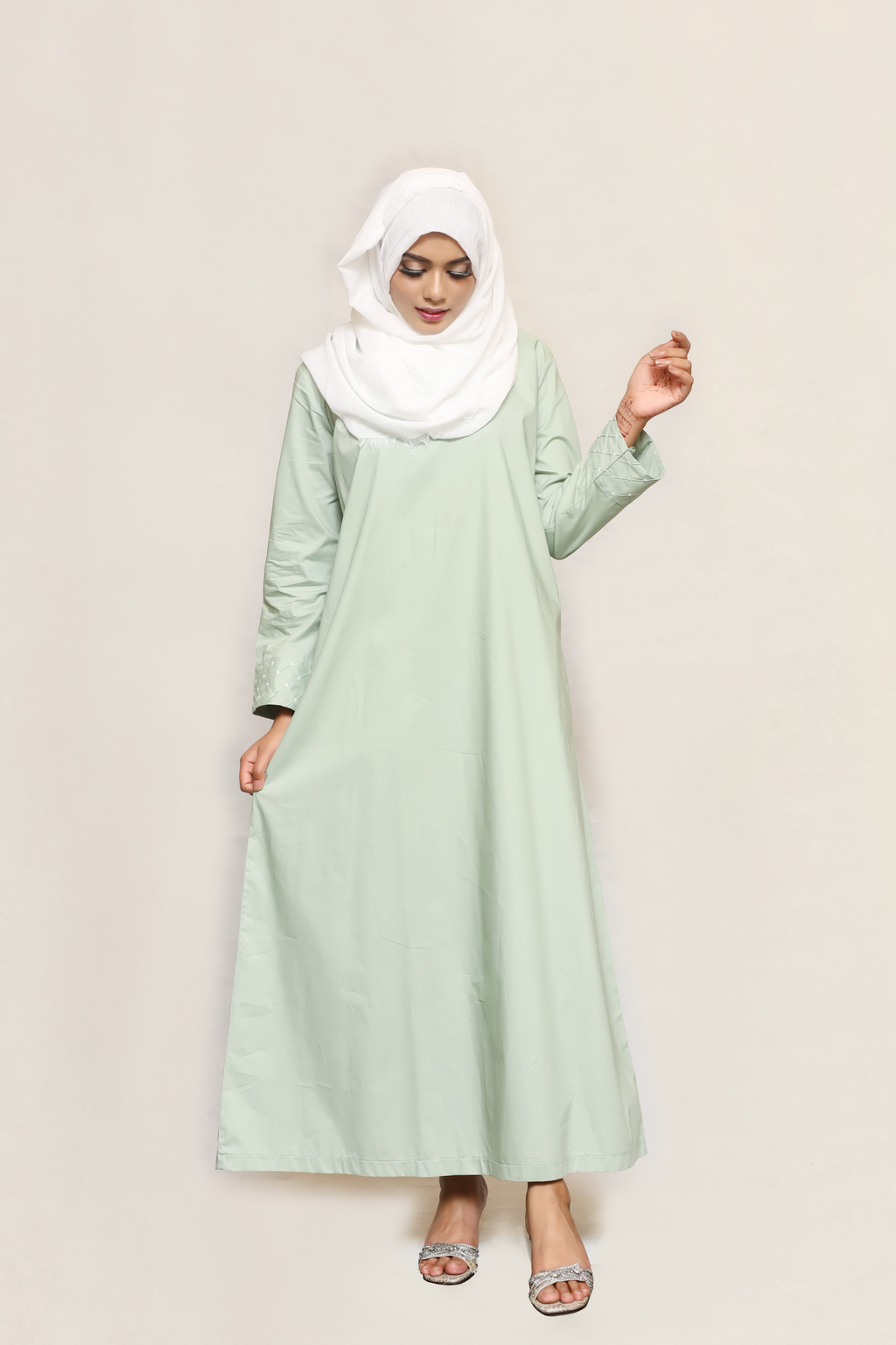 Signature Cotton Abaya – Almond Green (Hand-Embroidered)