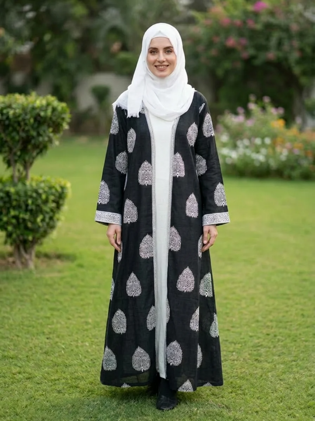 Printed Open Abaya - Black