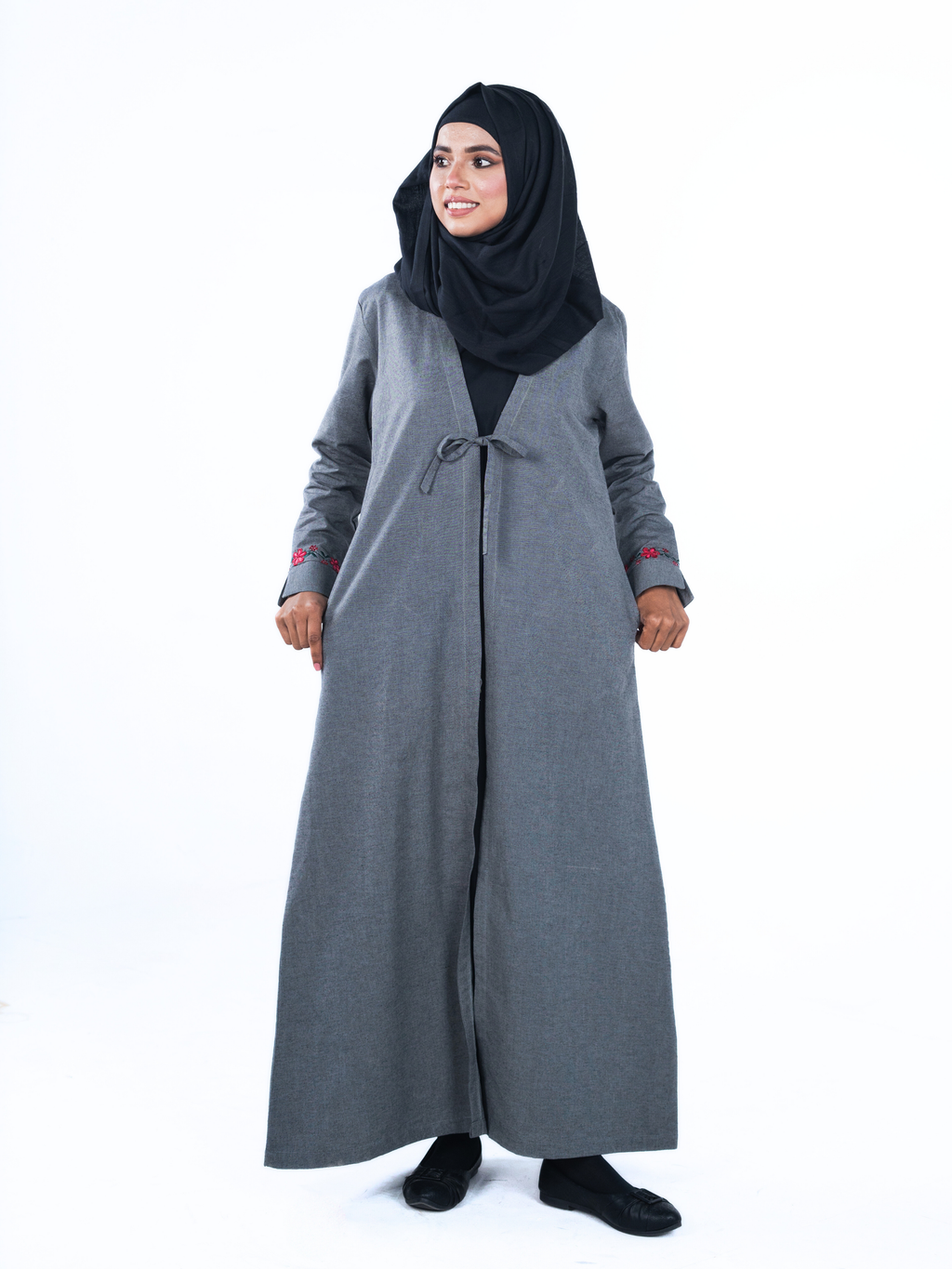 Heritage Bow Open Abaya  – Grey