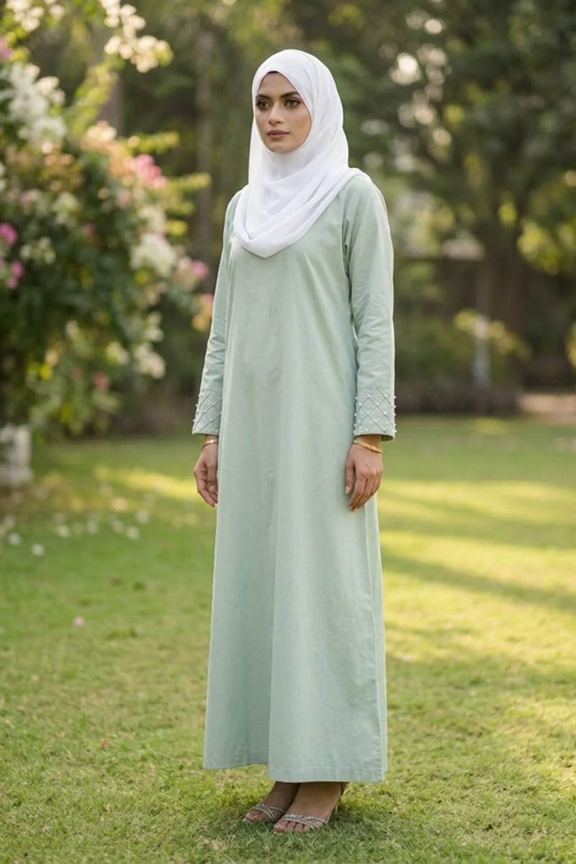 Signature Cotton Abaya – Almond Green (Hand-Embroidered)