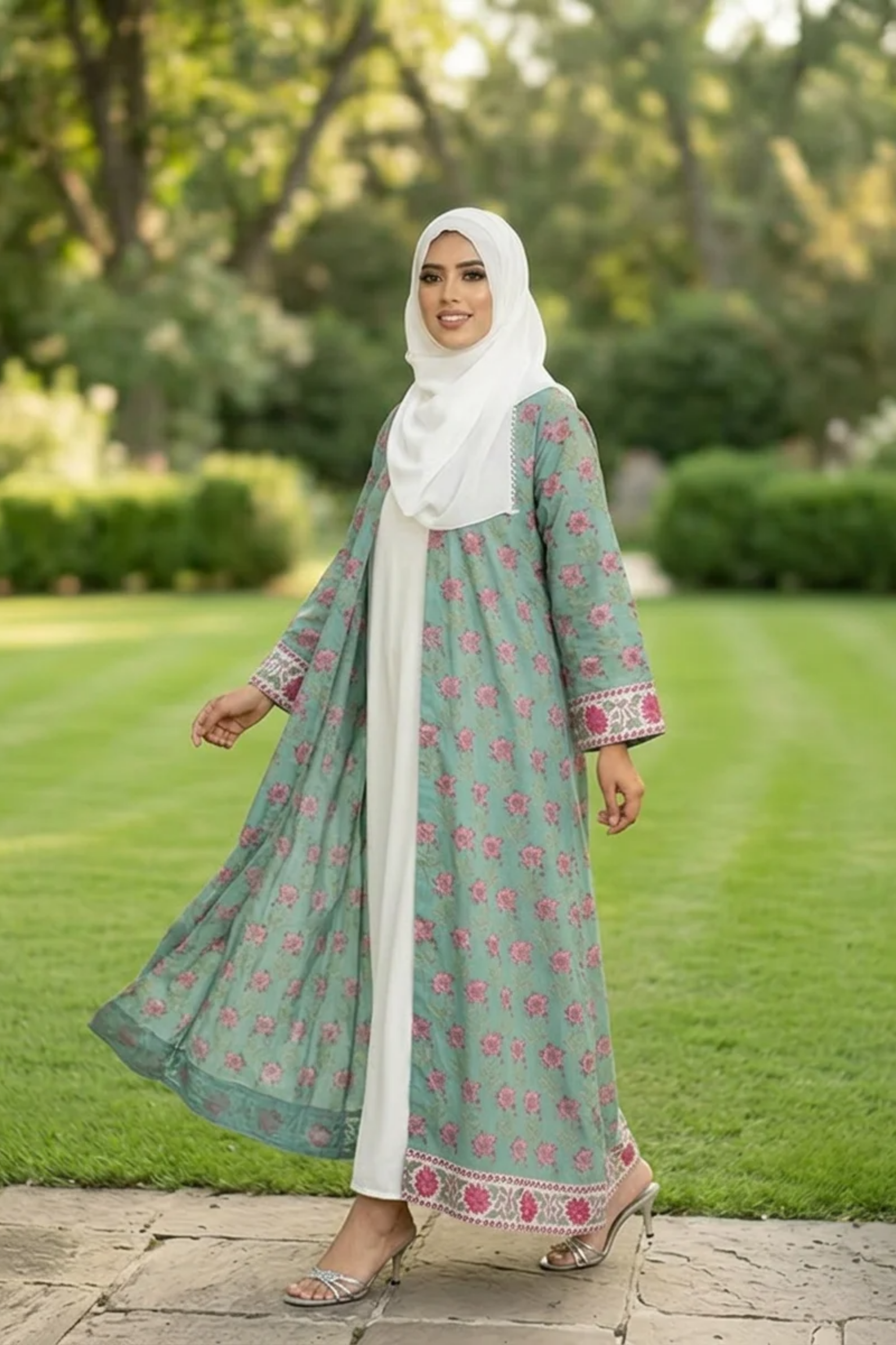 Printed Open Abaya -Teal