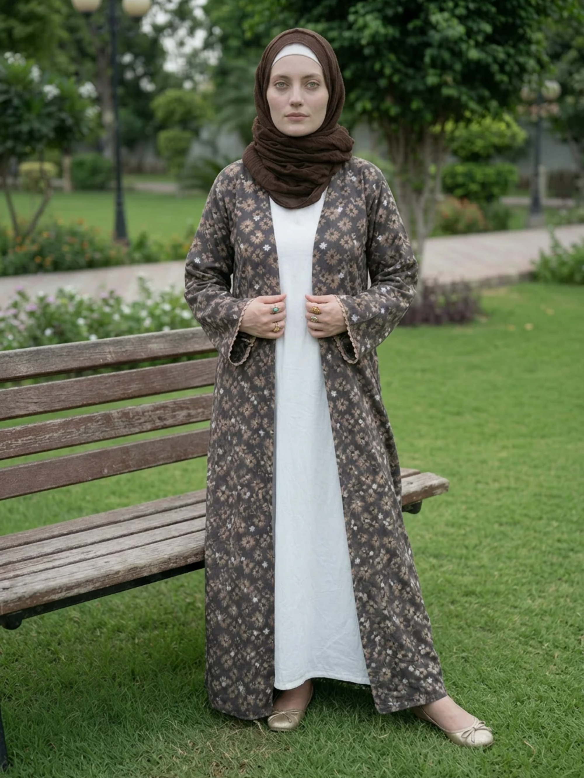 Printed Open Abaya - Brown