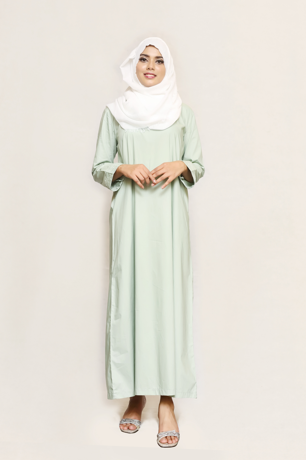 Signature Cotton Abaya – Almond Green (Hand-Embroidered)
