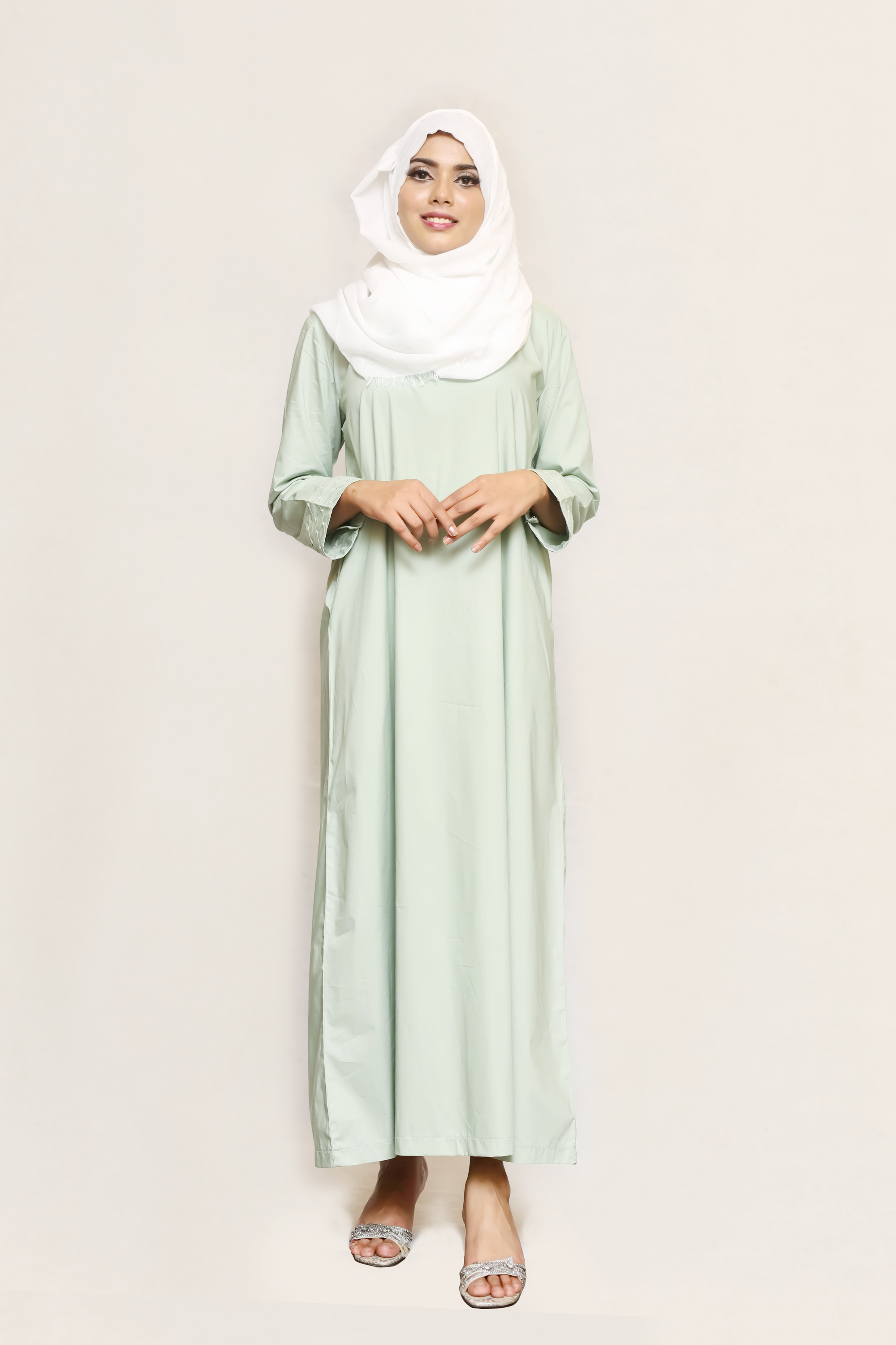Signature Cotton Abaya – Almond Green (Hand-Embroidered)