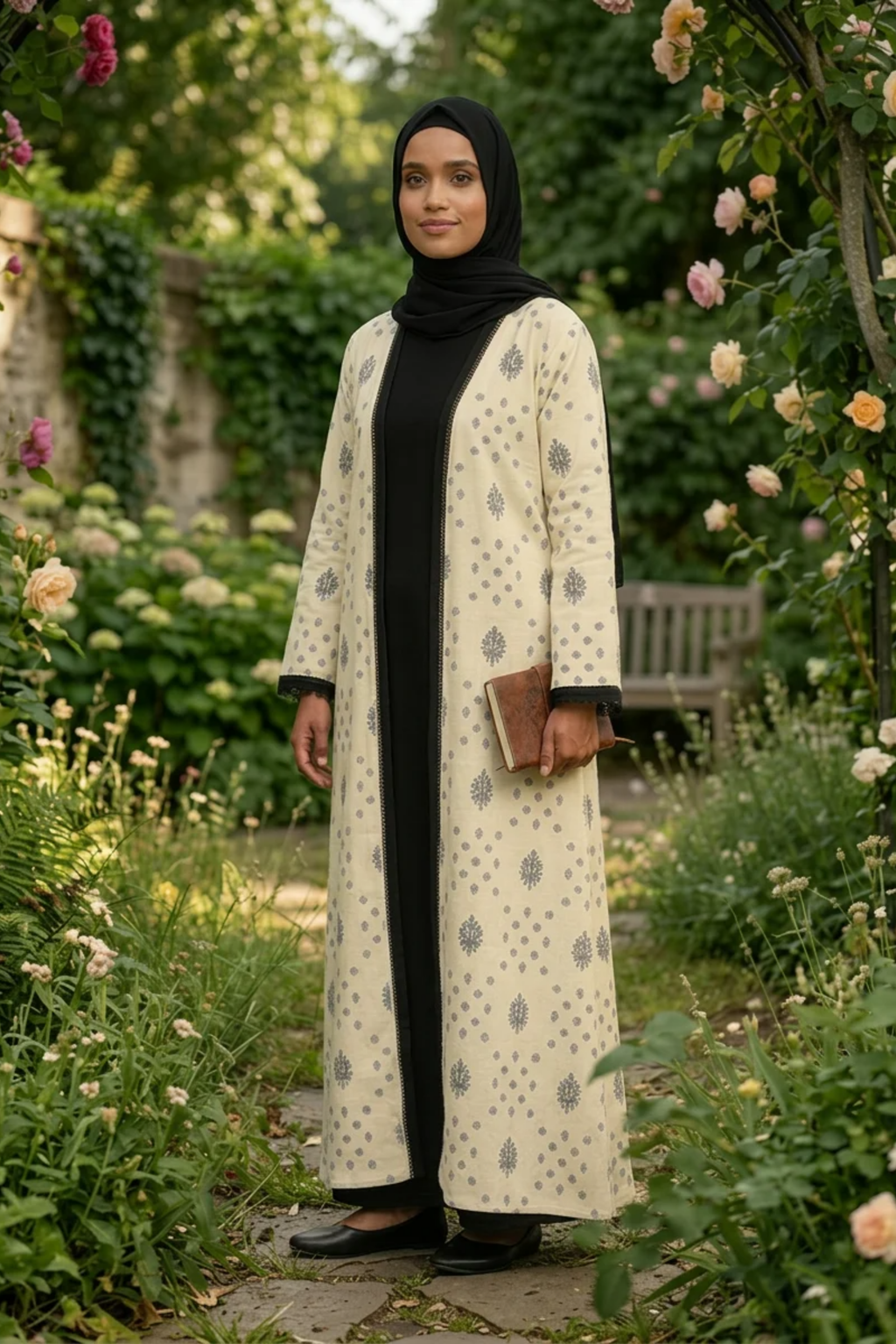 Printed Open Abaya - Black and White