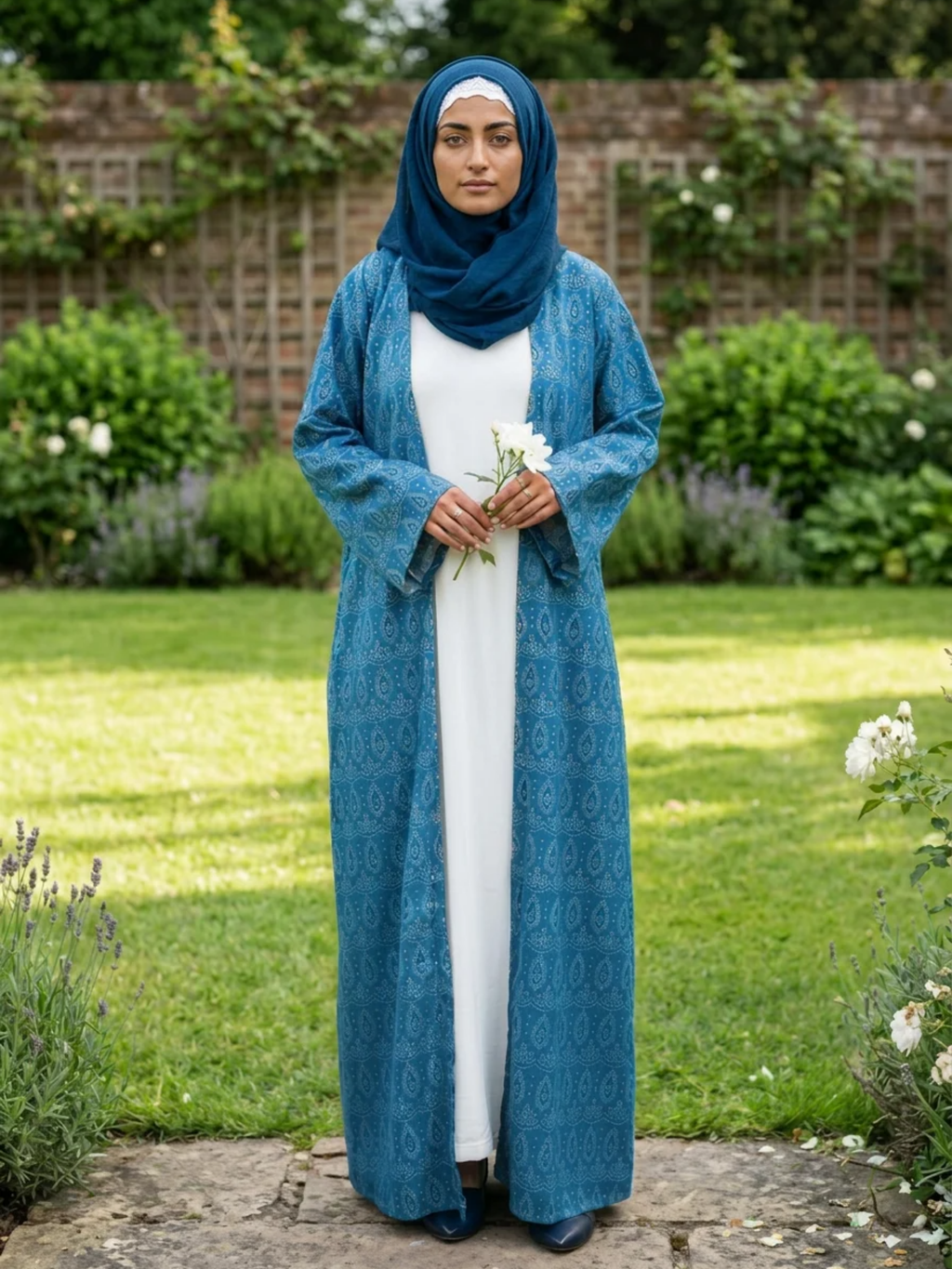 Printed Open Abaya - Sea Blue