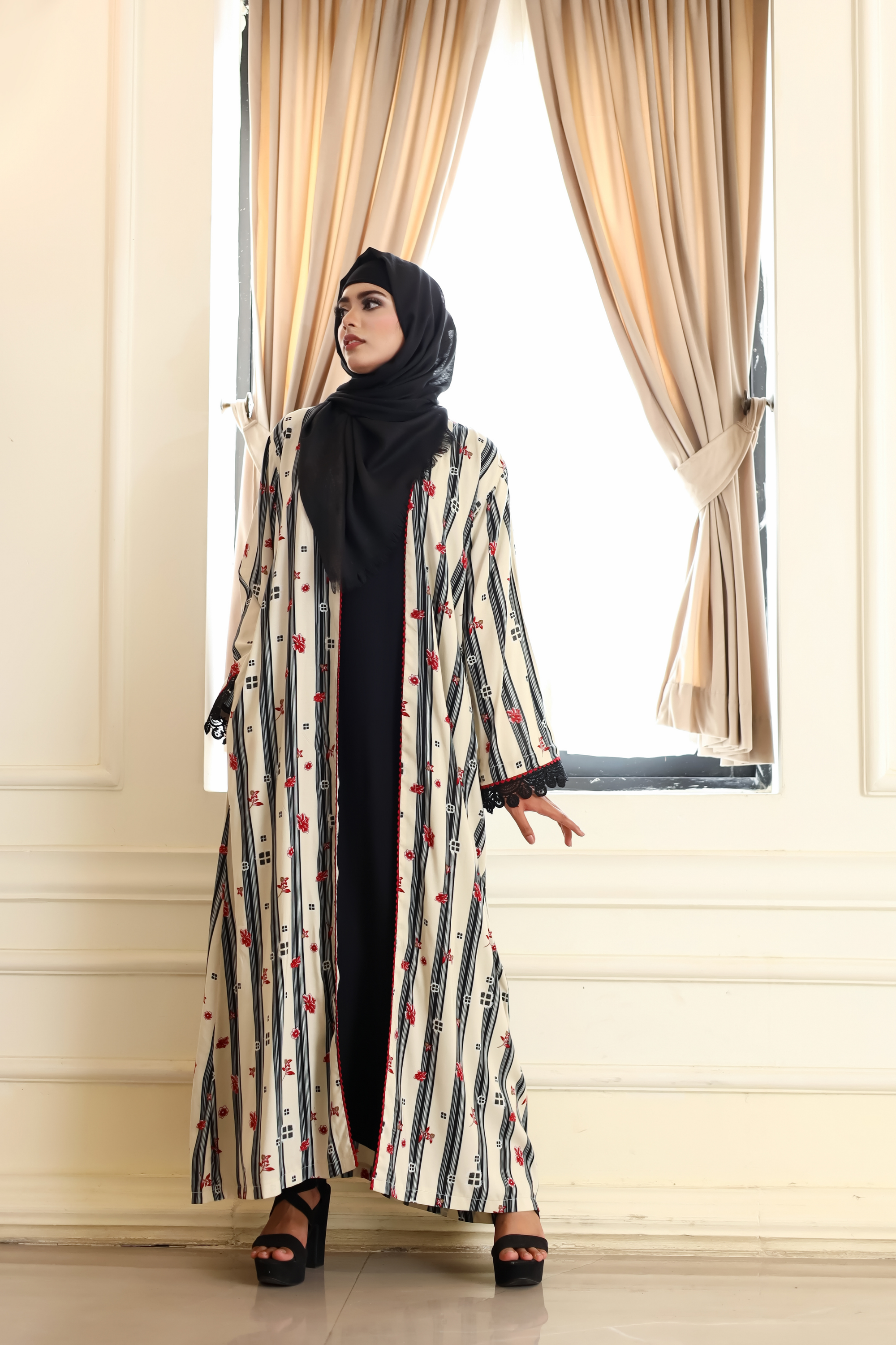 Printed Open Abaya - Crimson Bloom