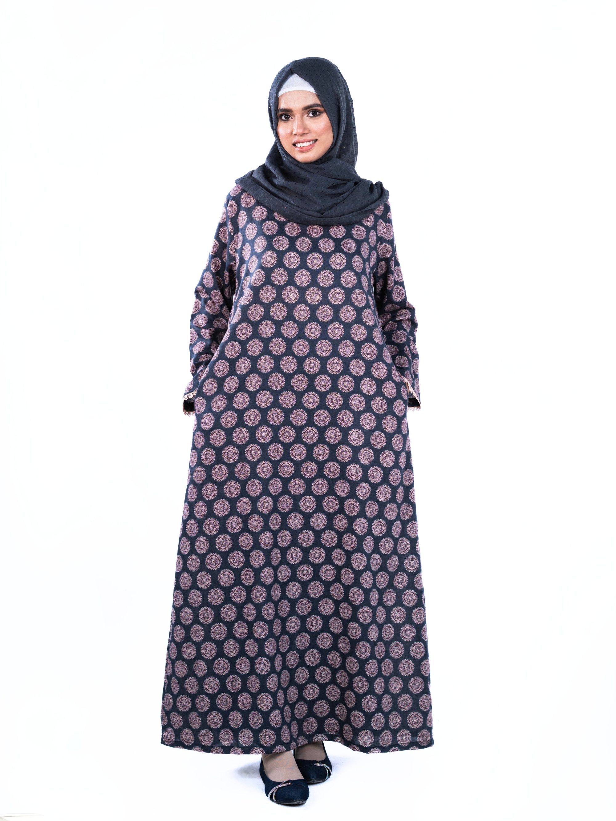 Printed Cotton Abaya – Dark Blue