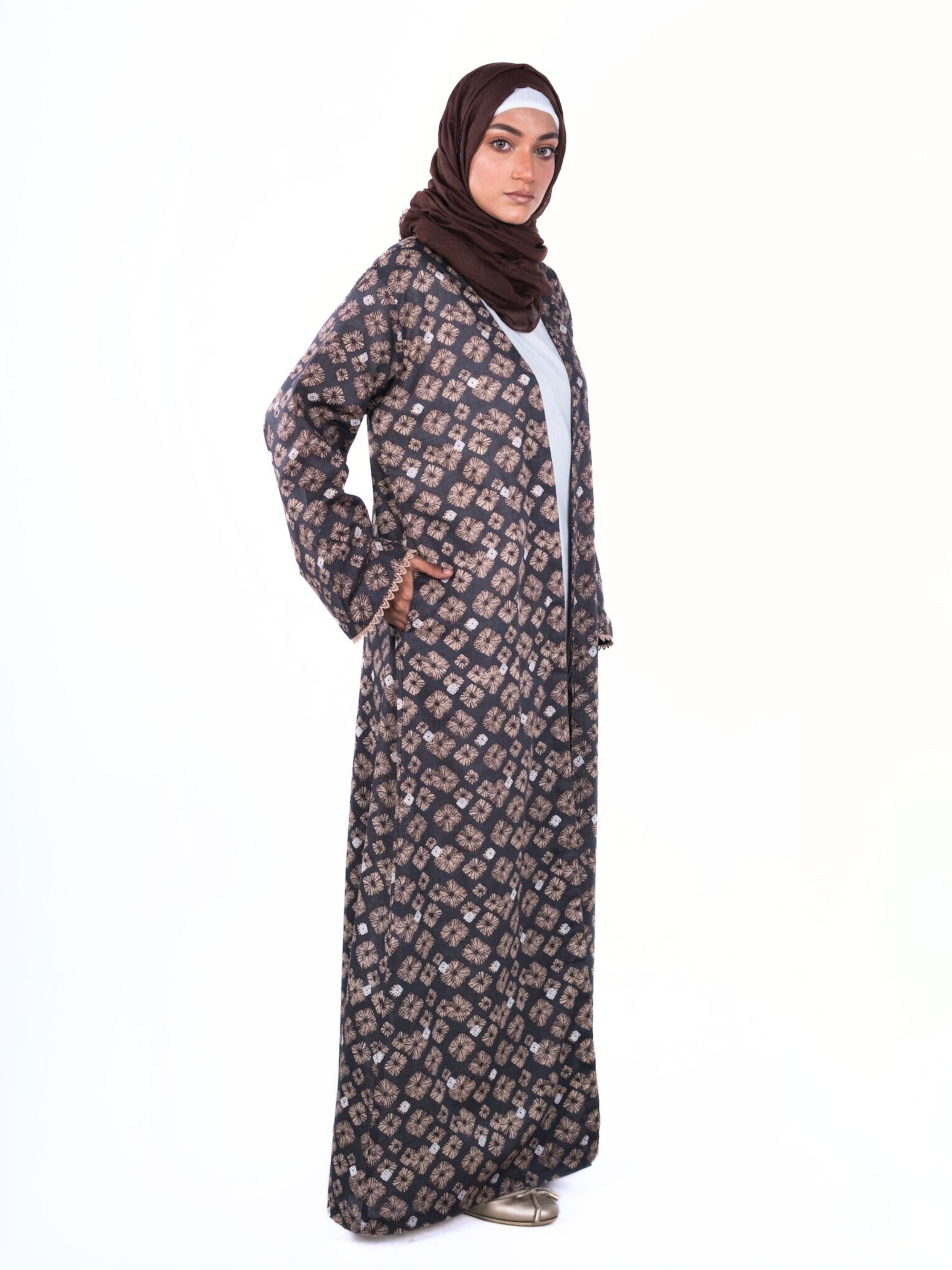 Printed Open Abaya - Brown