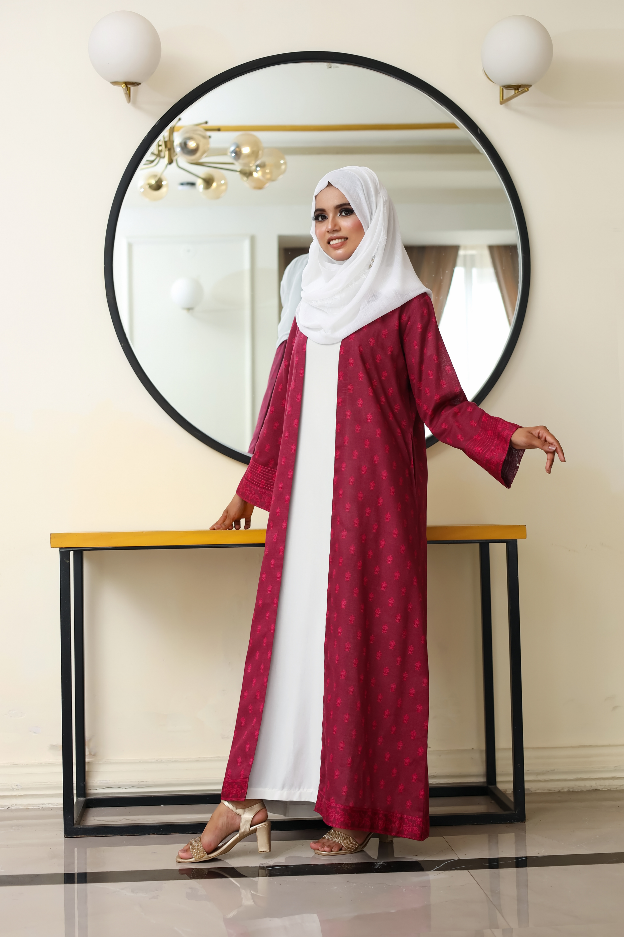 Printed Open Abaya - Maroon