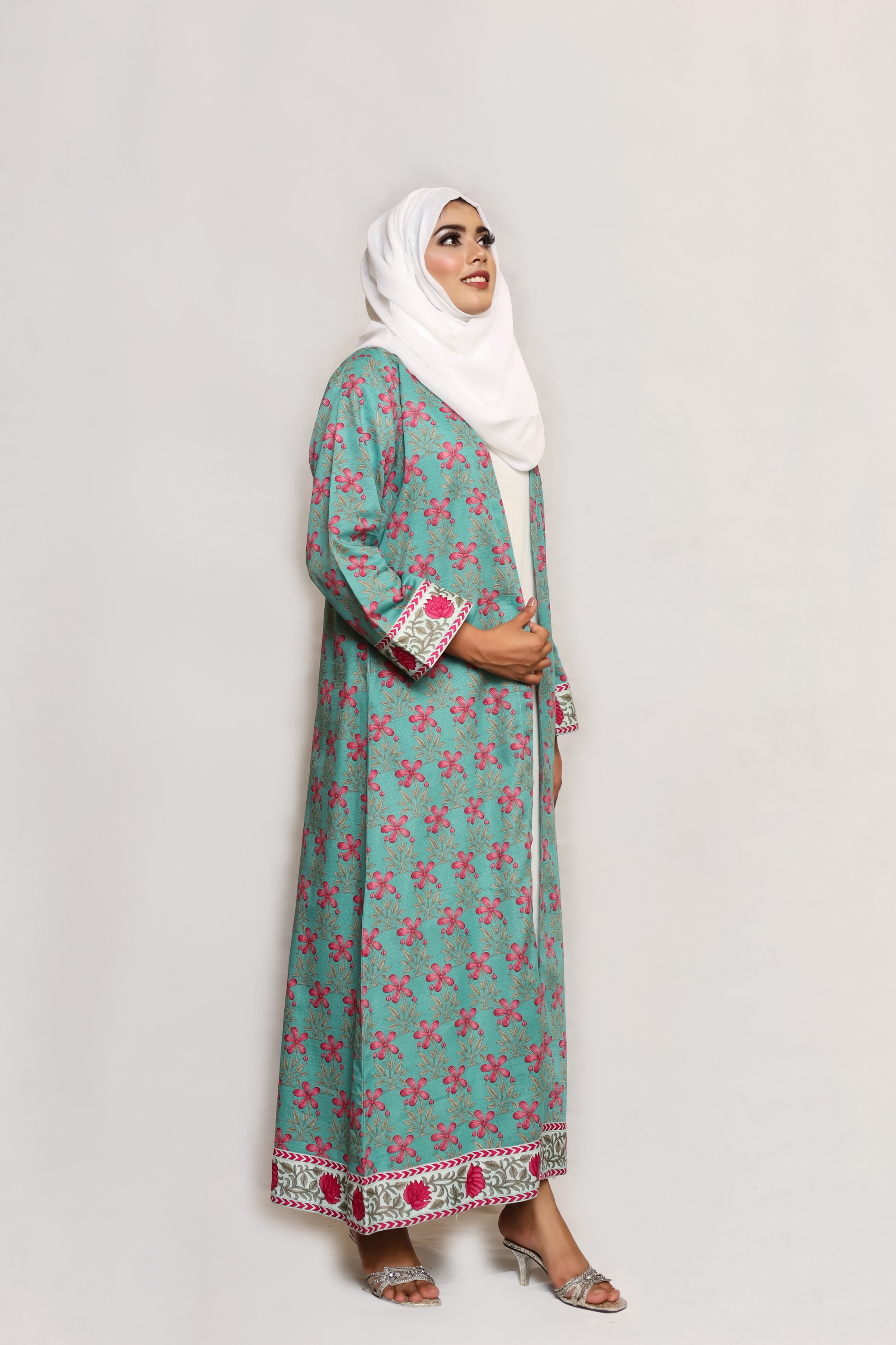 Printed Open Abaya -Teal