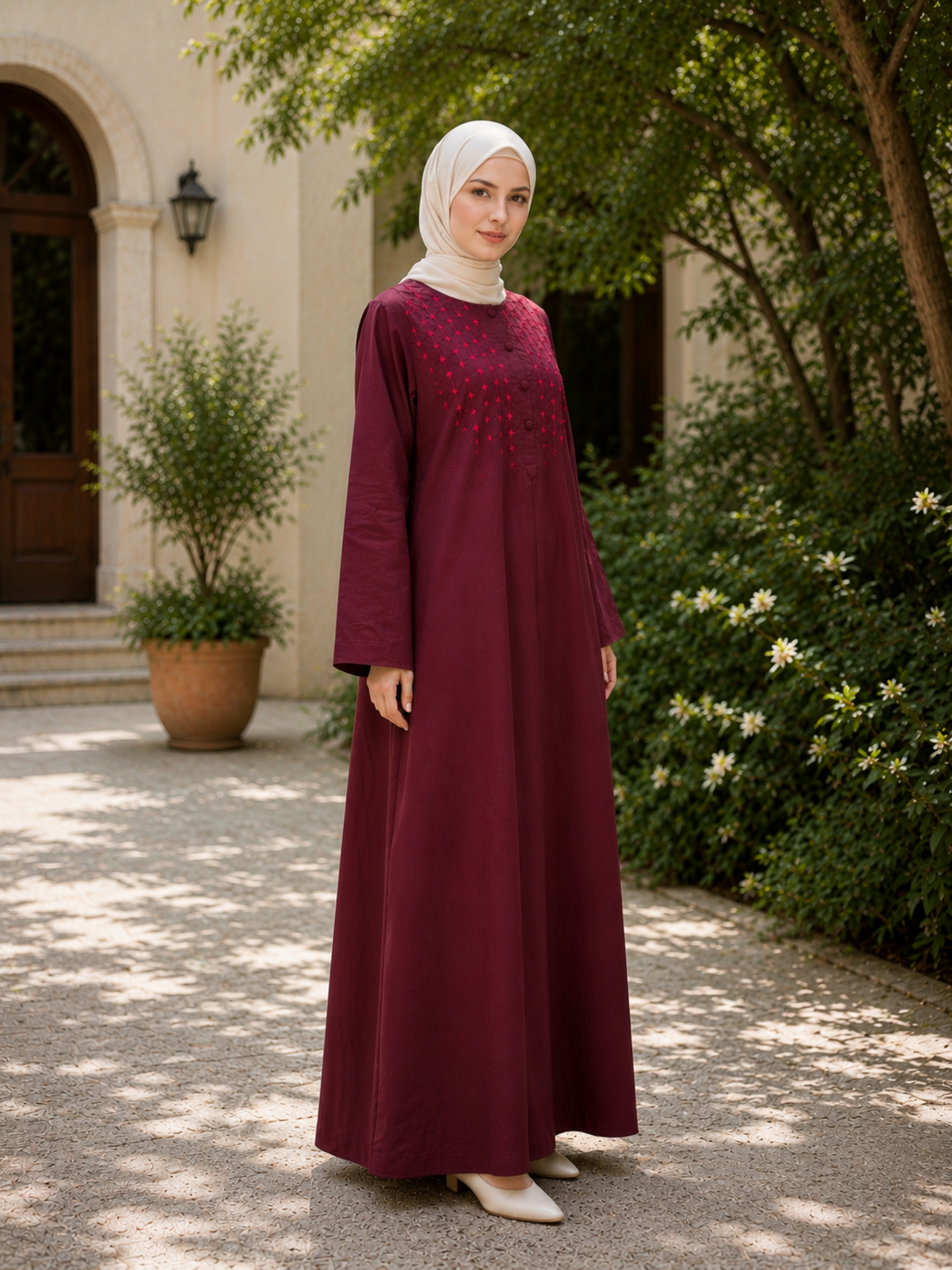 Hajj&Umrah | Premium Cotton Abaya in Burgundy (Hand-embroidered)