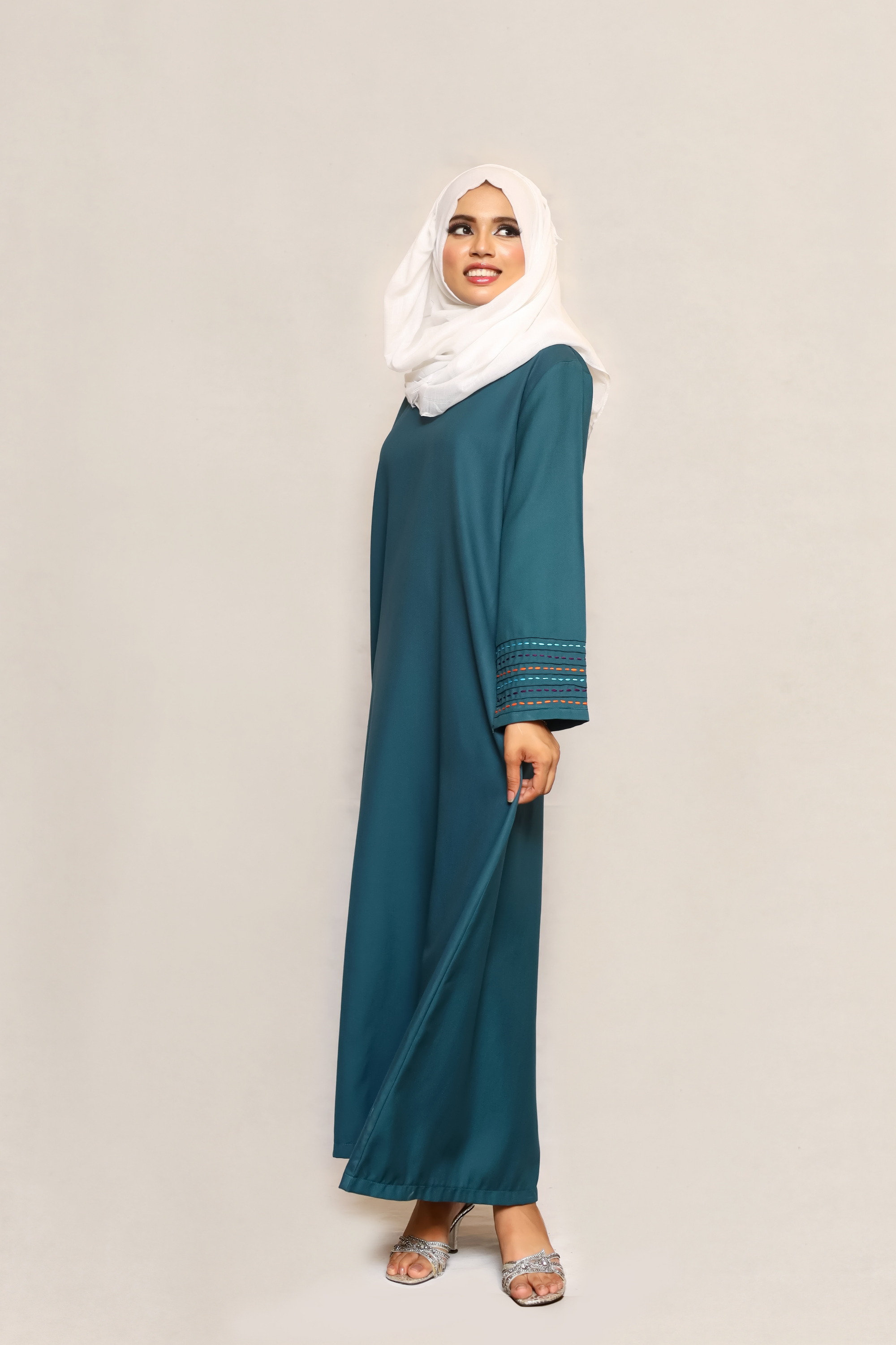 Signature Cotton Abaya – Petrol (Hand-Embroidered)