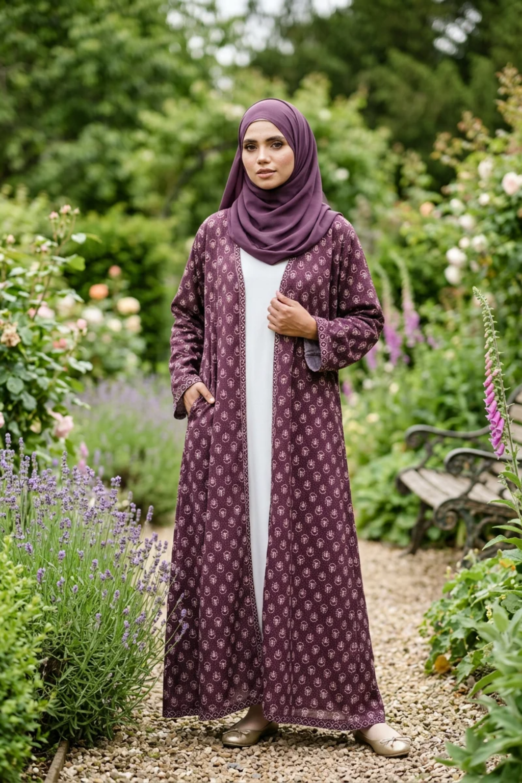 Printed Open Abaya - Mulberry