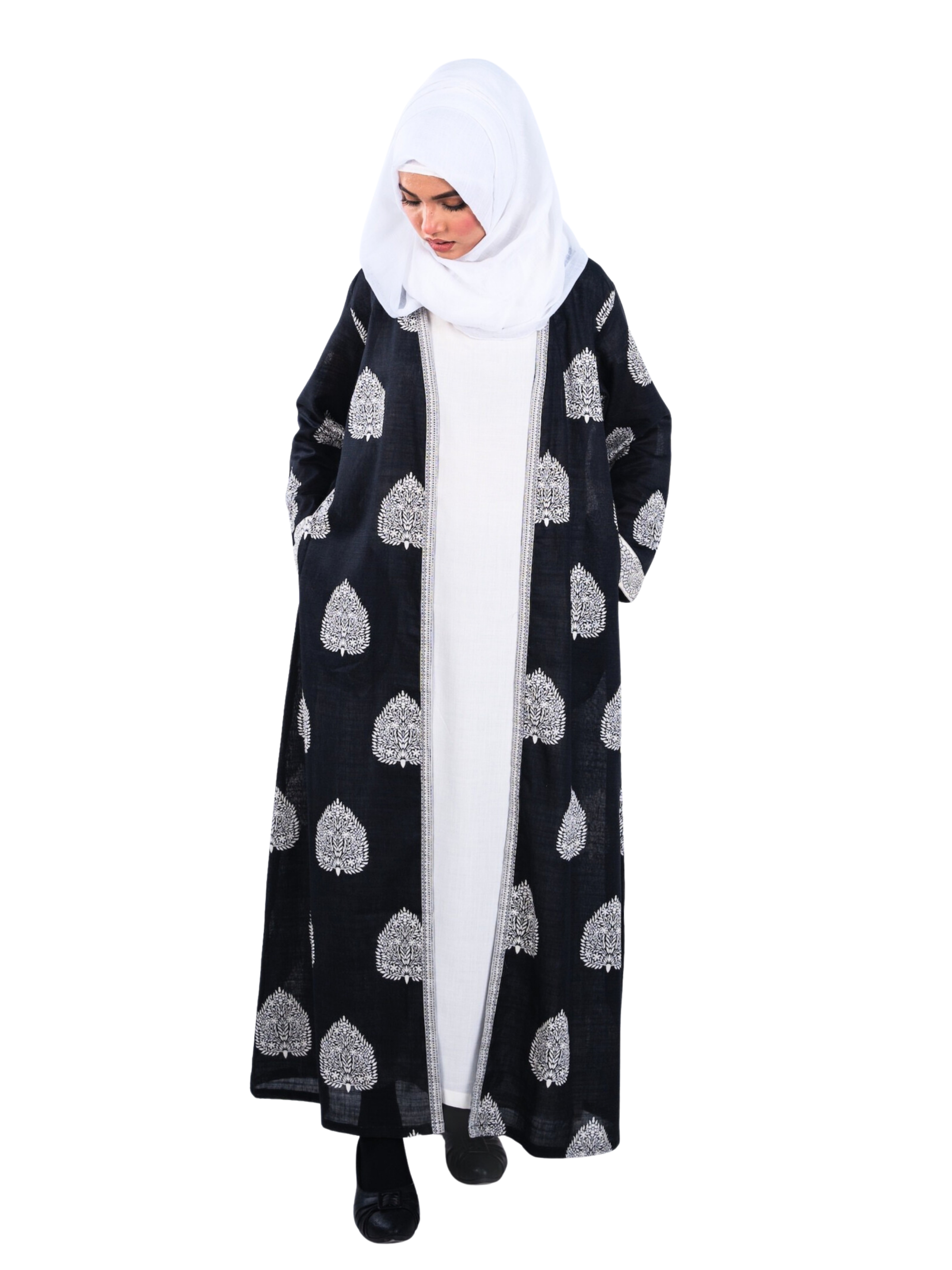 Printed Open Abaya - Black