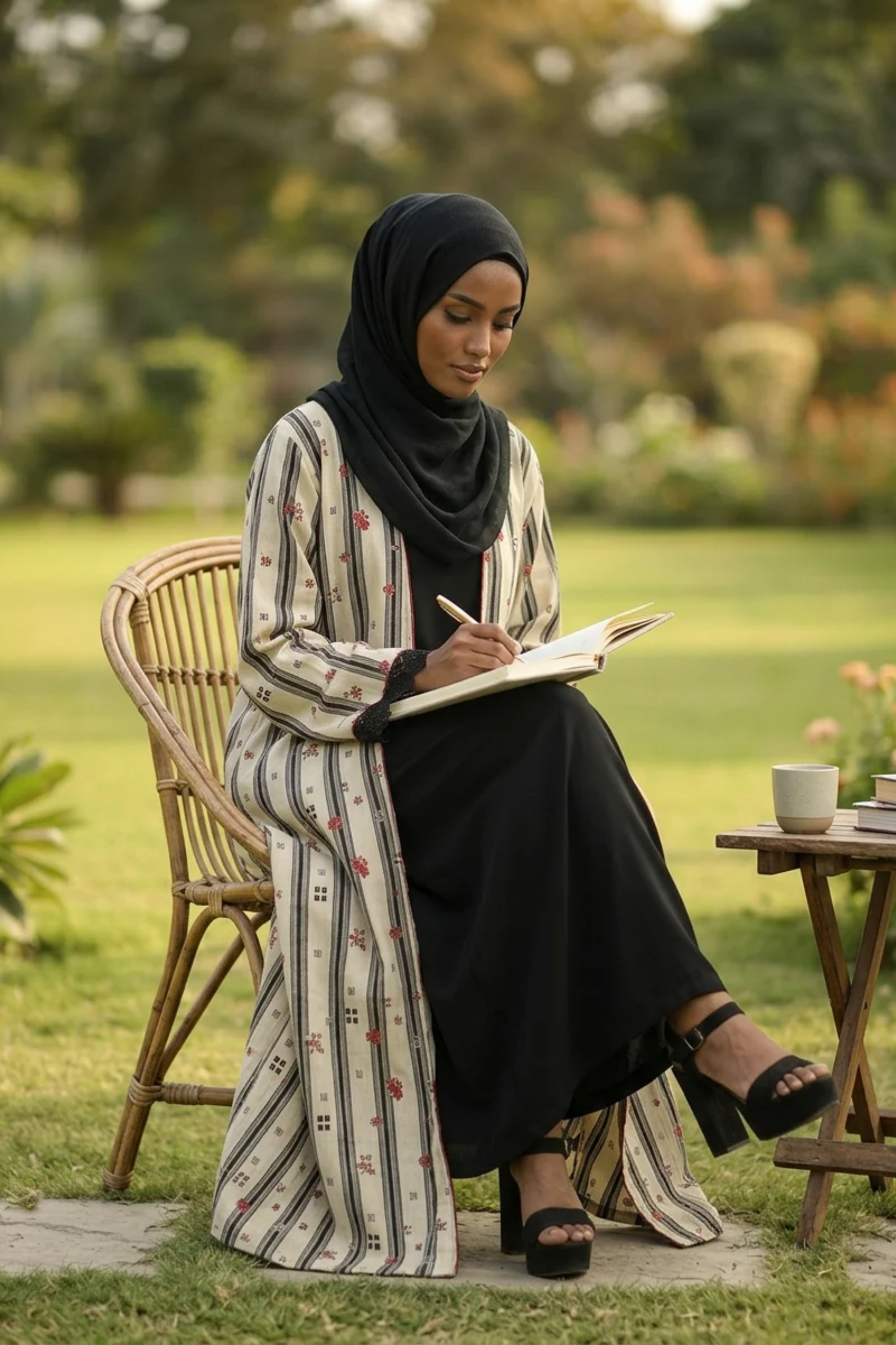 Printed Open Abaya - Crimson Bloom