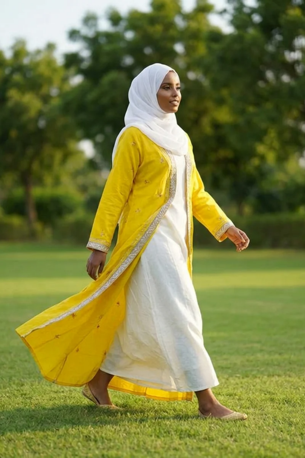 Printed Open Abaya - Yellow