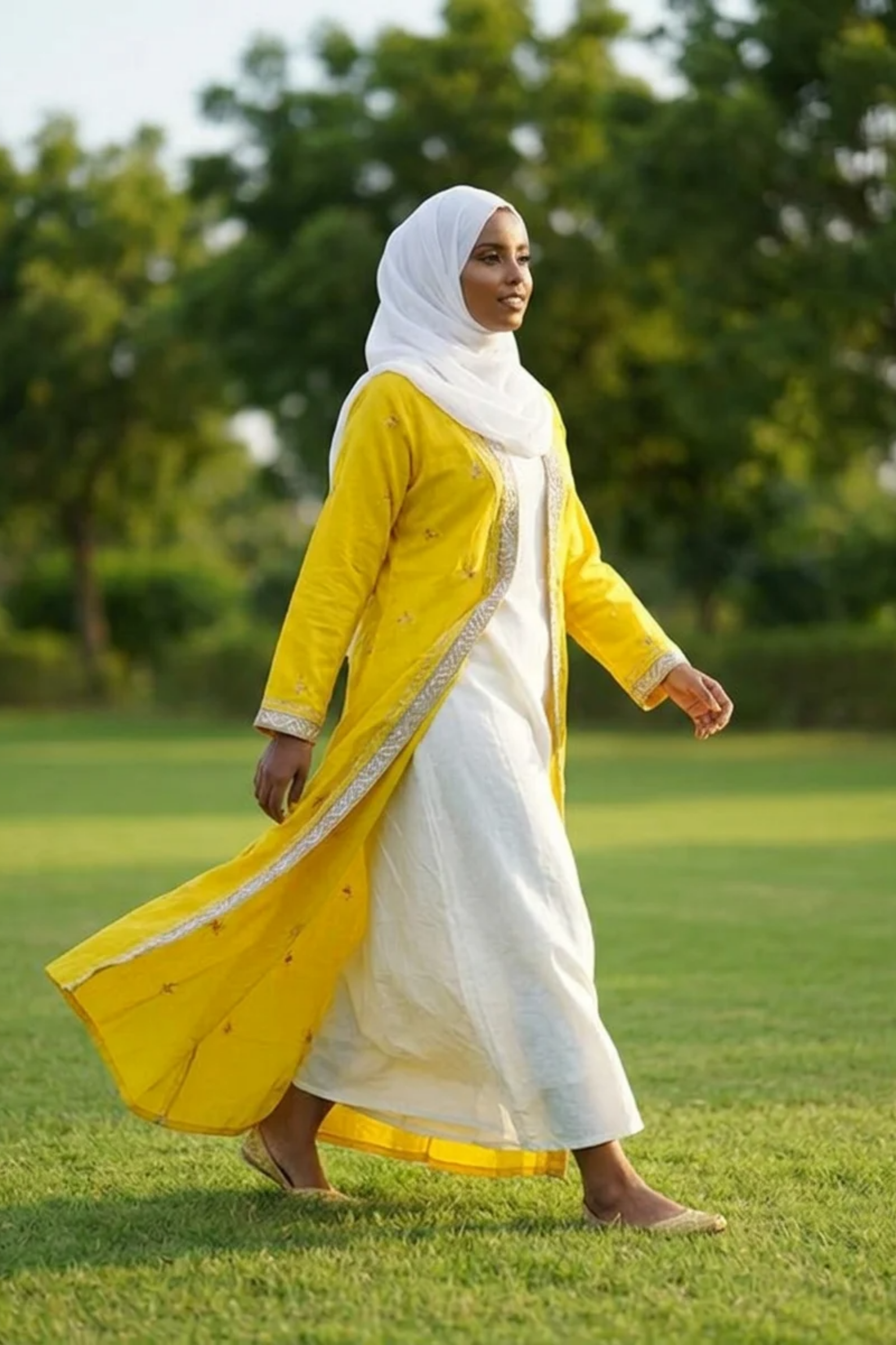Printed Open Abaya - Yellow