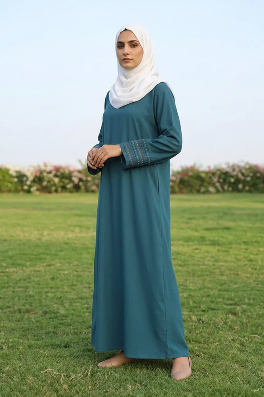 Signature Cotton Abaya – Petrol (Hand-Embroidered)