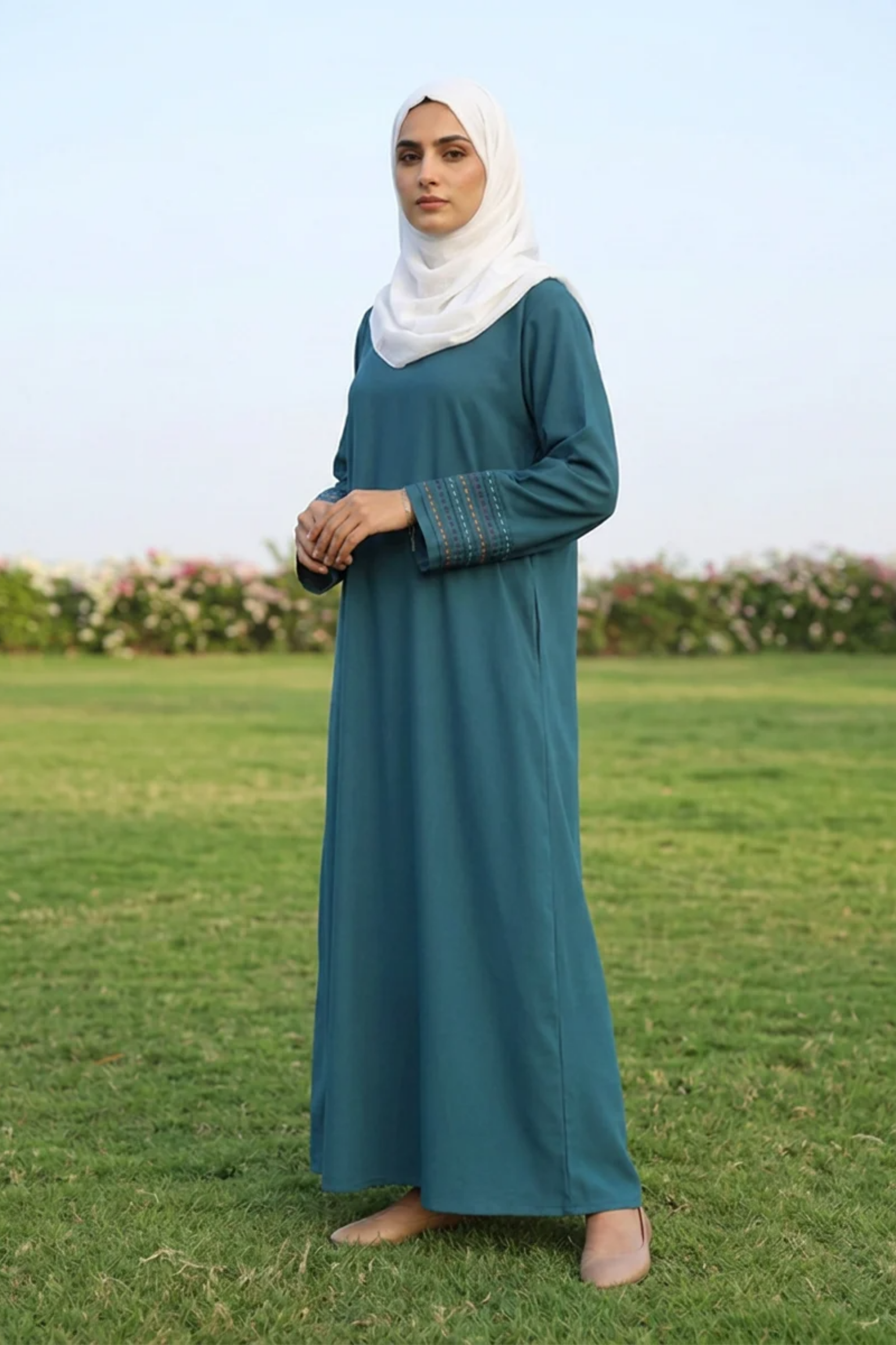 Signature Cotton Abaya – Petrol (Hand-Embroidered)