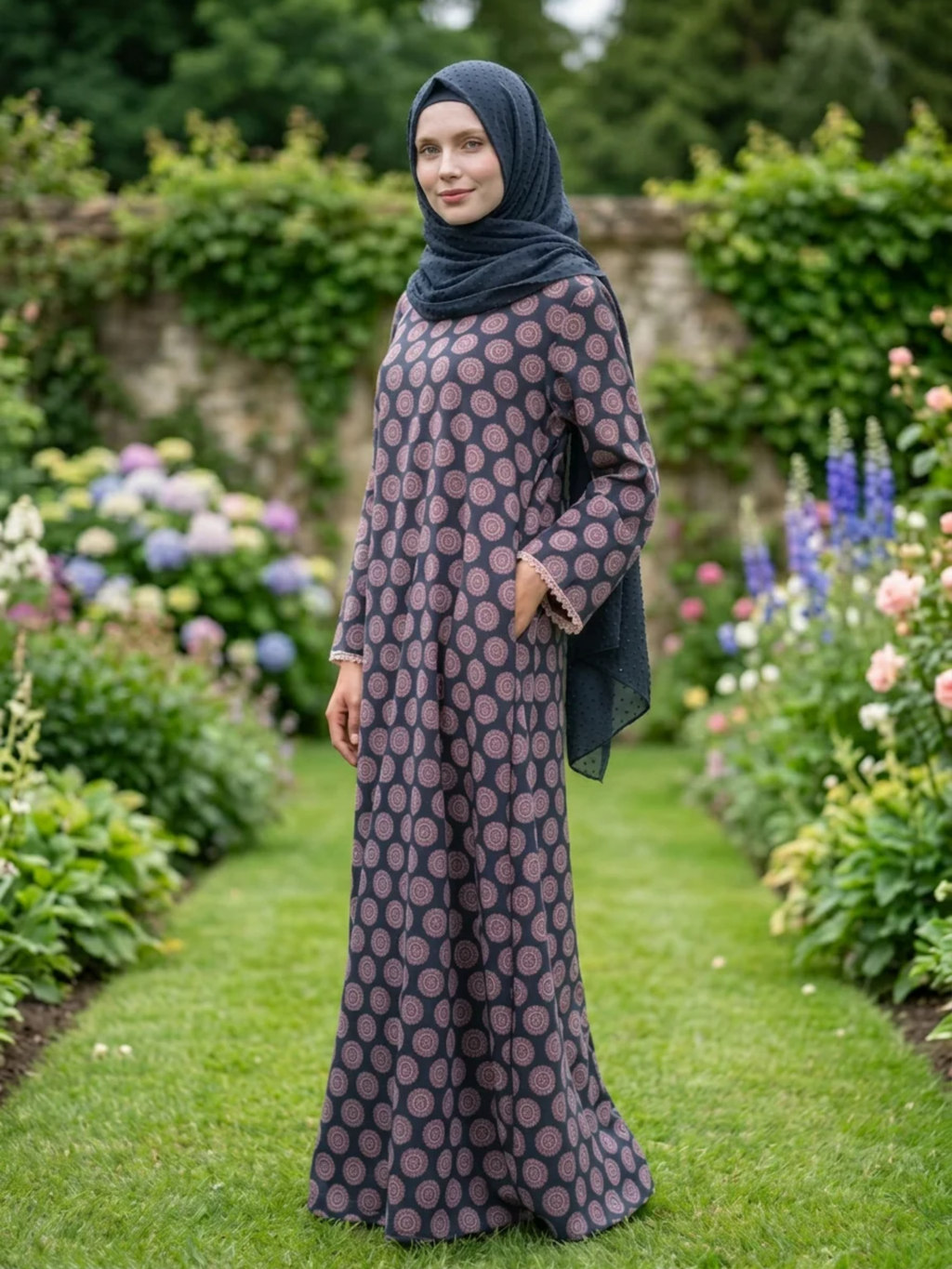 Printed Cotton Abaya – Dark Blue